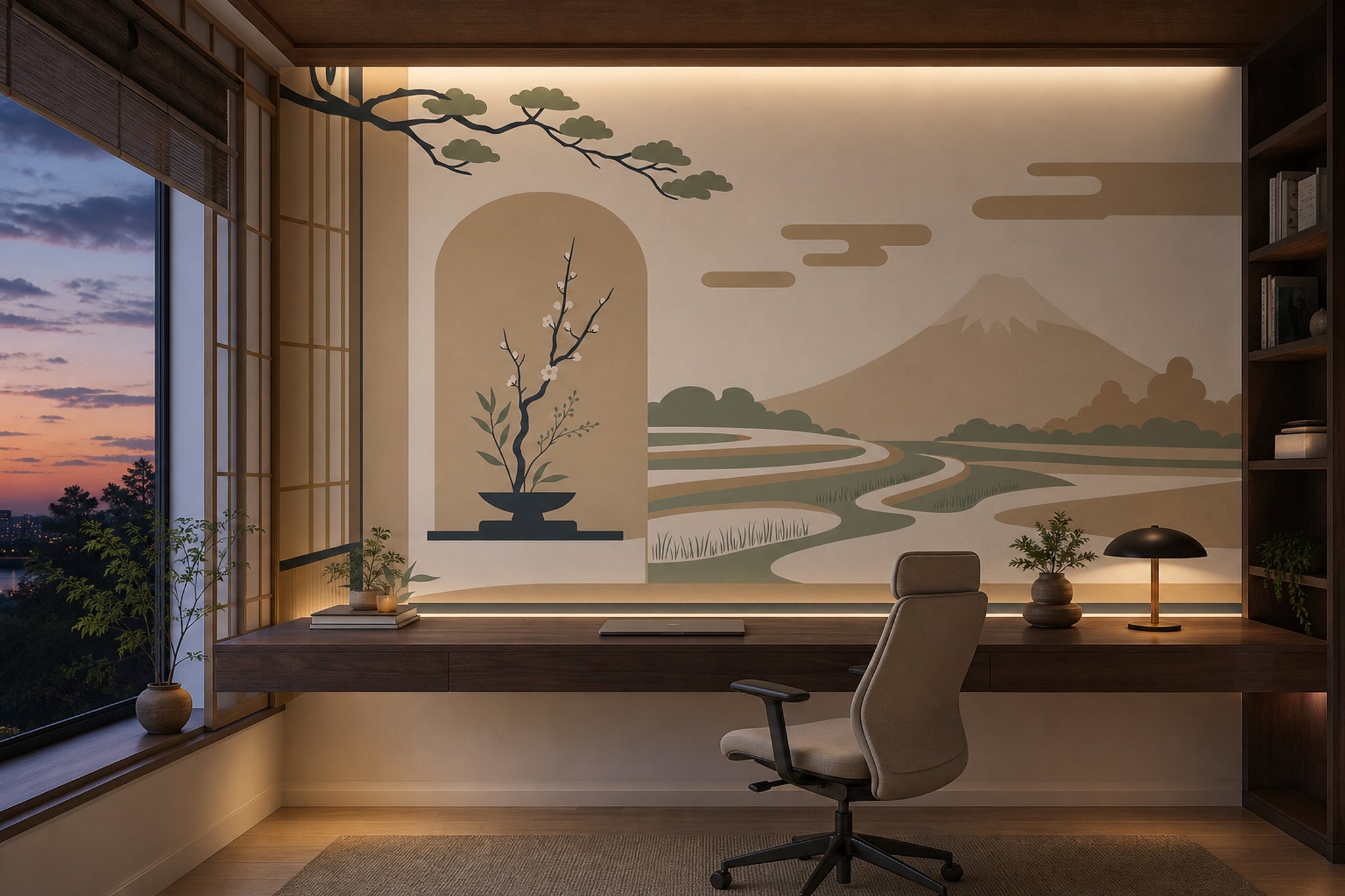 Japon Manzaralı Poster Duvar Kağıdı Bej Yeşil Çalışma Odası