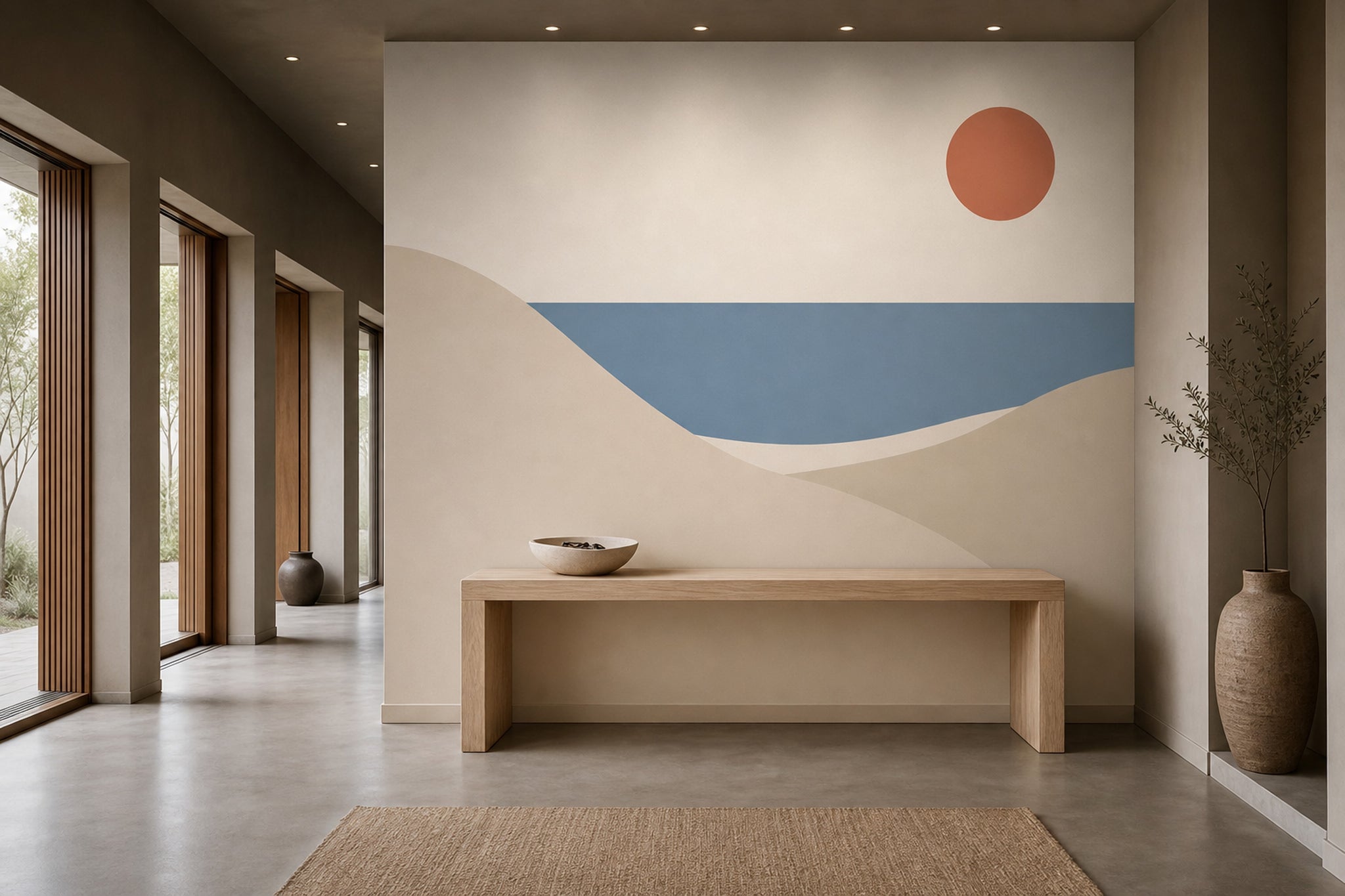 Minimalist Soyut Manzara Poster Duvar Kağıdı Bej Mavi Salon