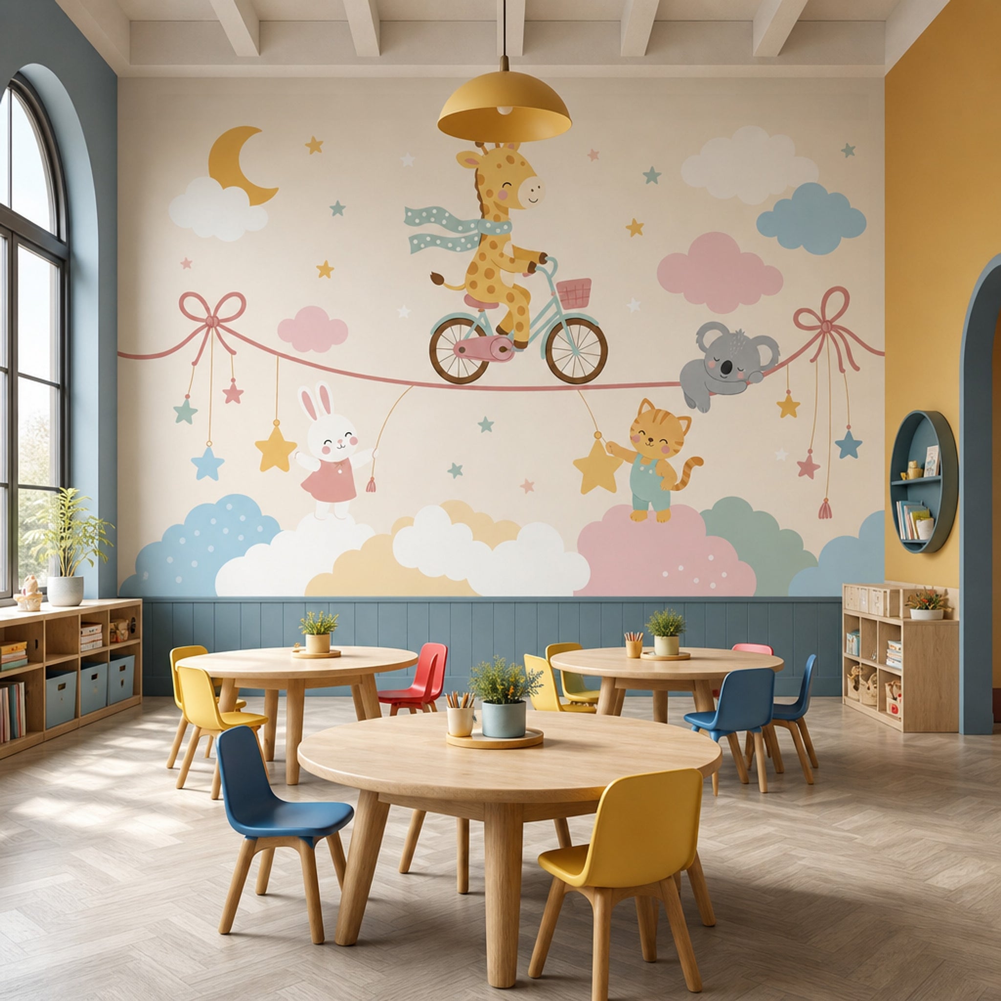 Bisikletli Zürafa Poster Duvar Kağıdı Pastel Bulutlu Çocuk Odası