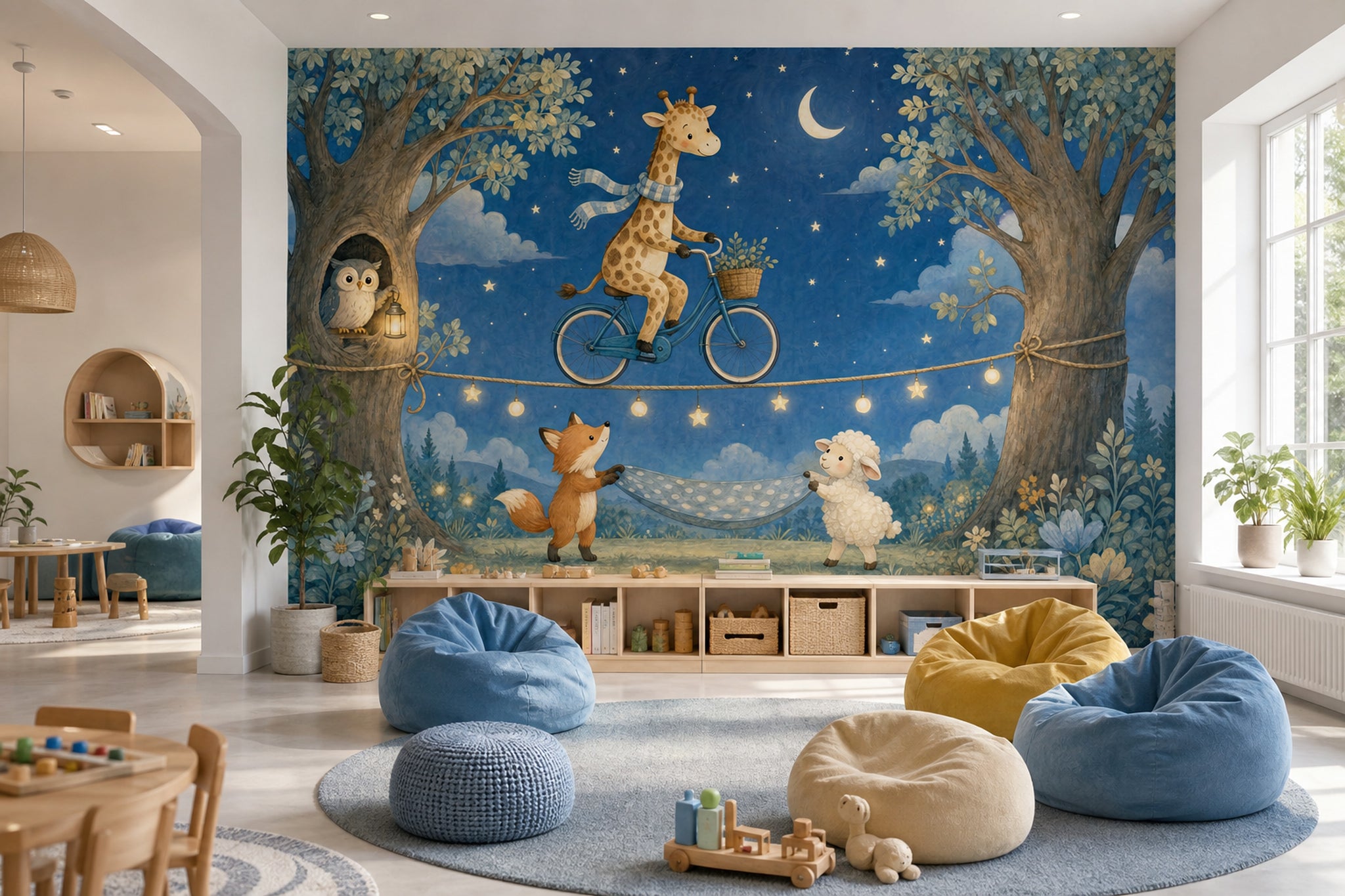 Bisikletli Zürafa Poster Duvar Kağıdı Mavi Gece Çocuk Odası