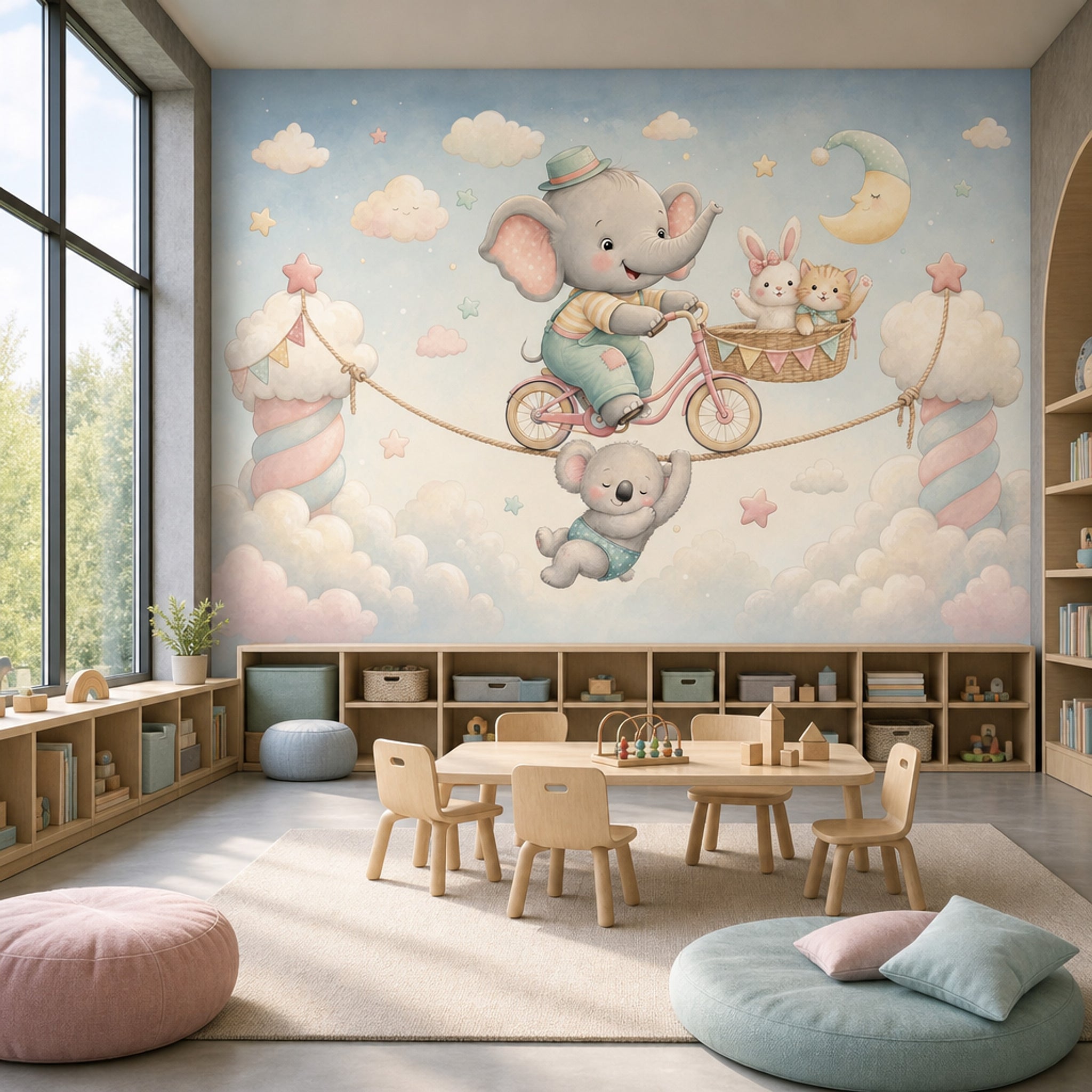 Fil ve Bulutlu Poster Duvar Kağıdı Pastel Bebek Odası