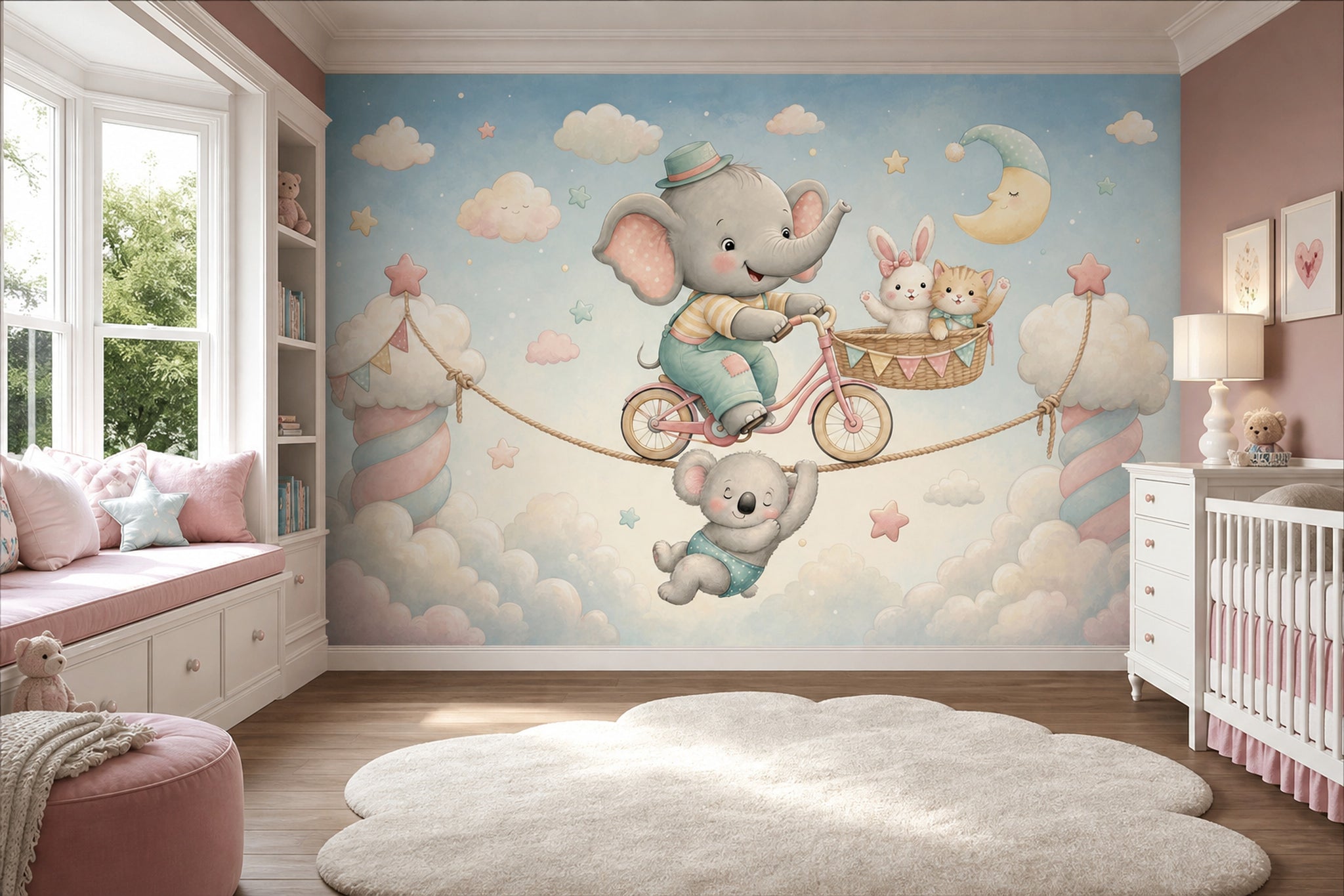 Fil ve Bulutlu Poster Duvar Kağıdı Pastel Bebek Odası