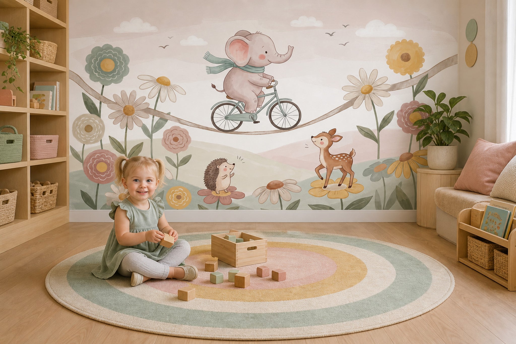 Sevimli Hayvanlı Poster Duvar Kağıdı Pastel Çocuk Odası Çiçekli