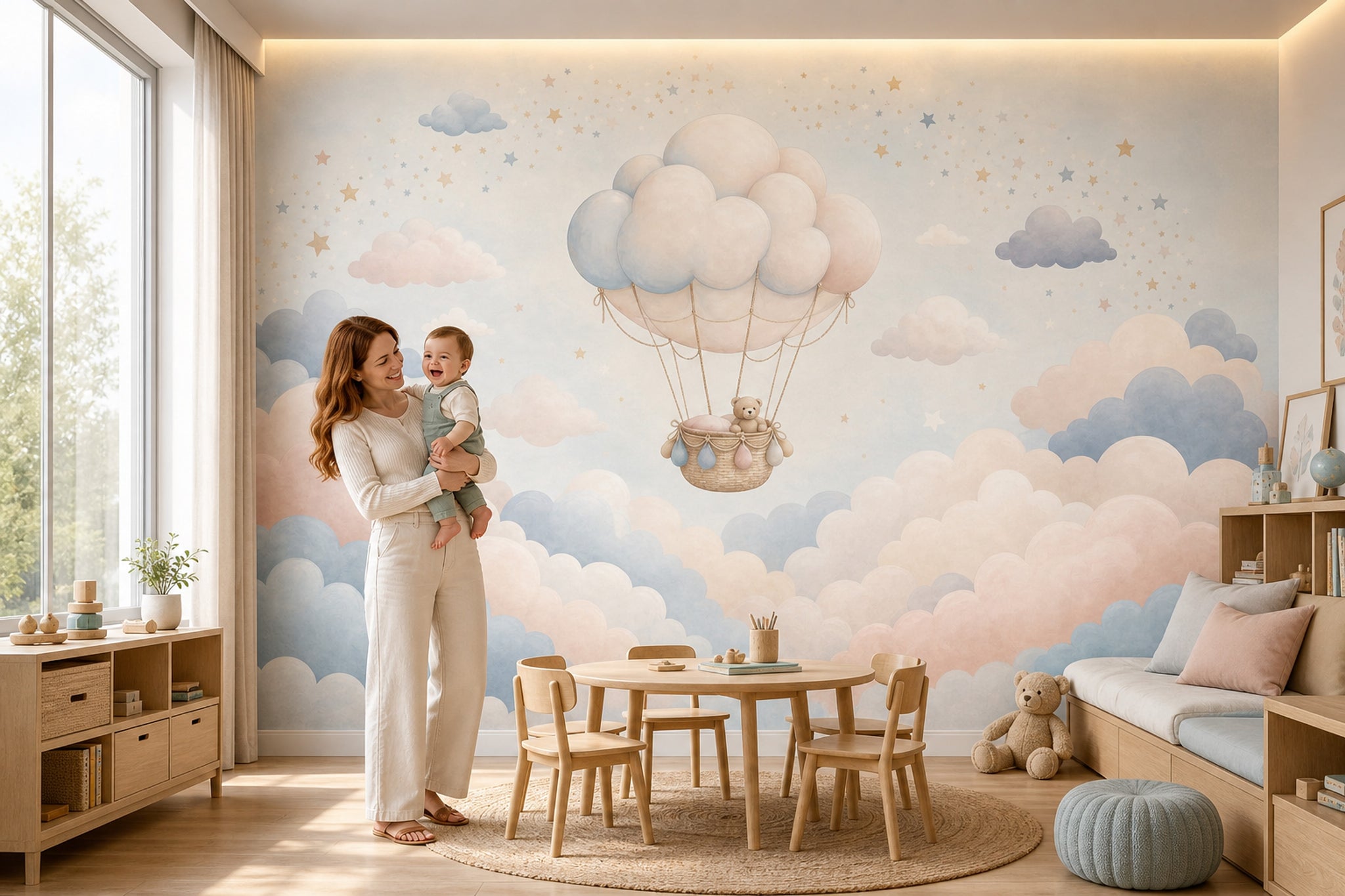 Balon Bulutlu Poster Duvar Kağıdı Pastel Çocuk Odası Desenli
