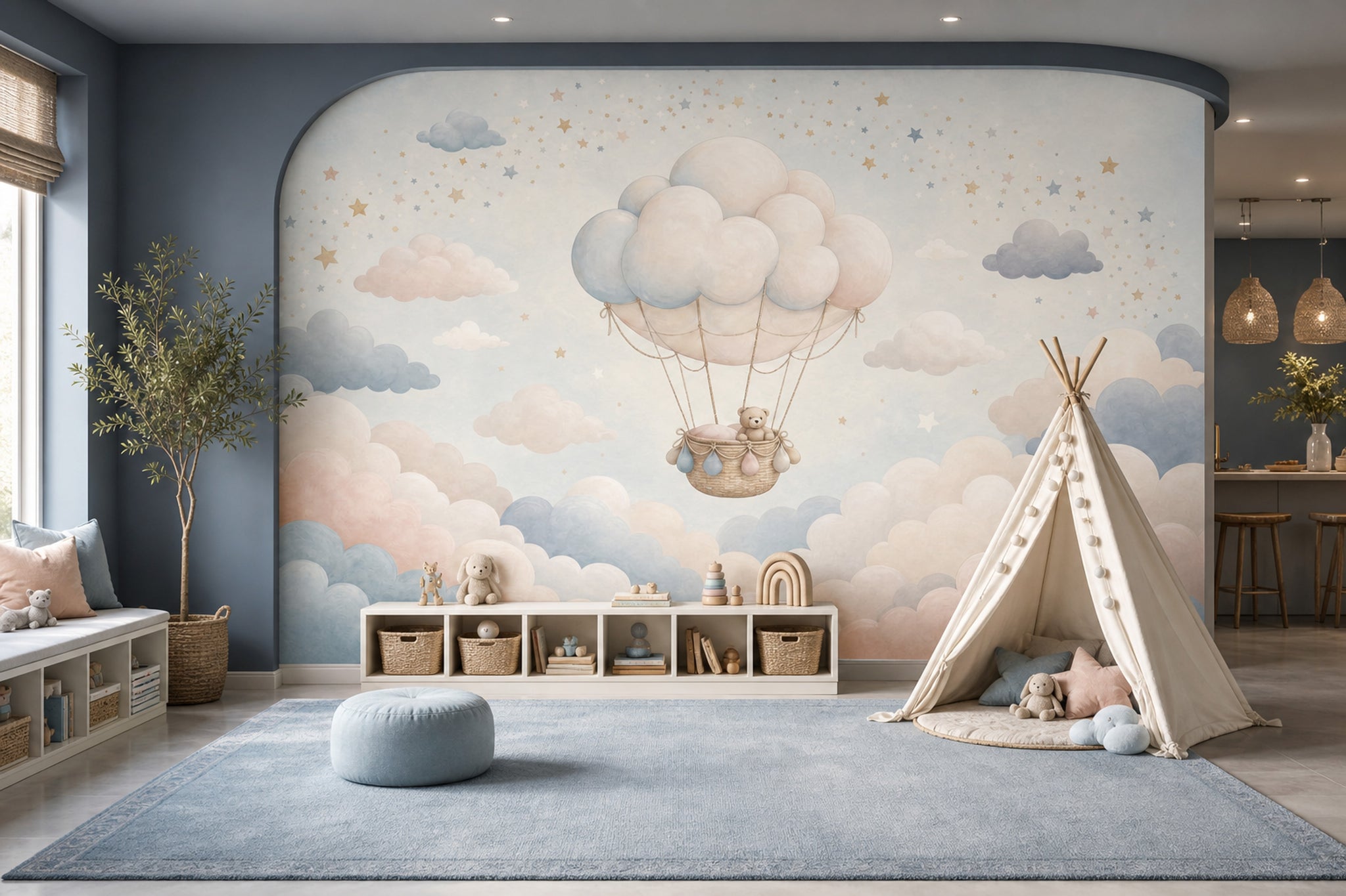 Balon Bulutlu Poster Duvar Kağıdı Pastel Çocuk Odası Desenli