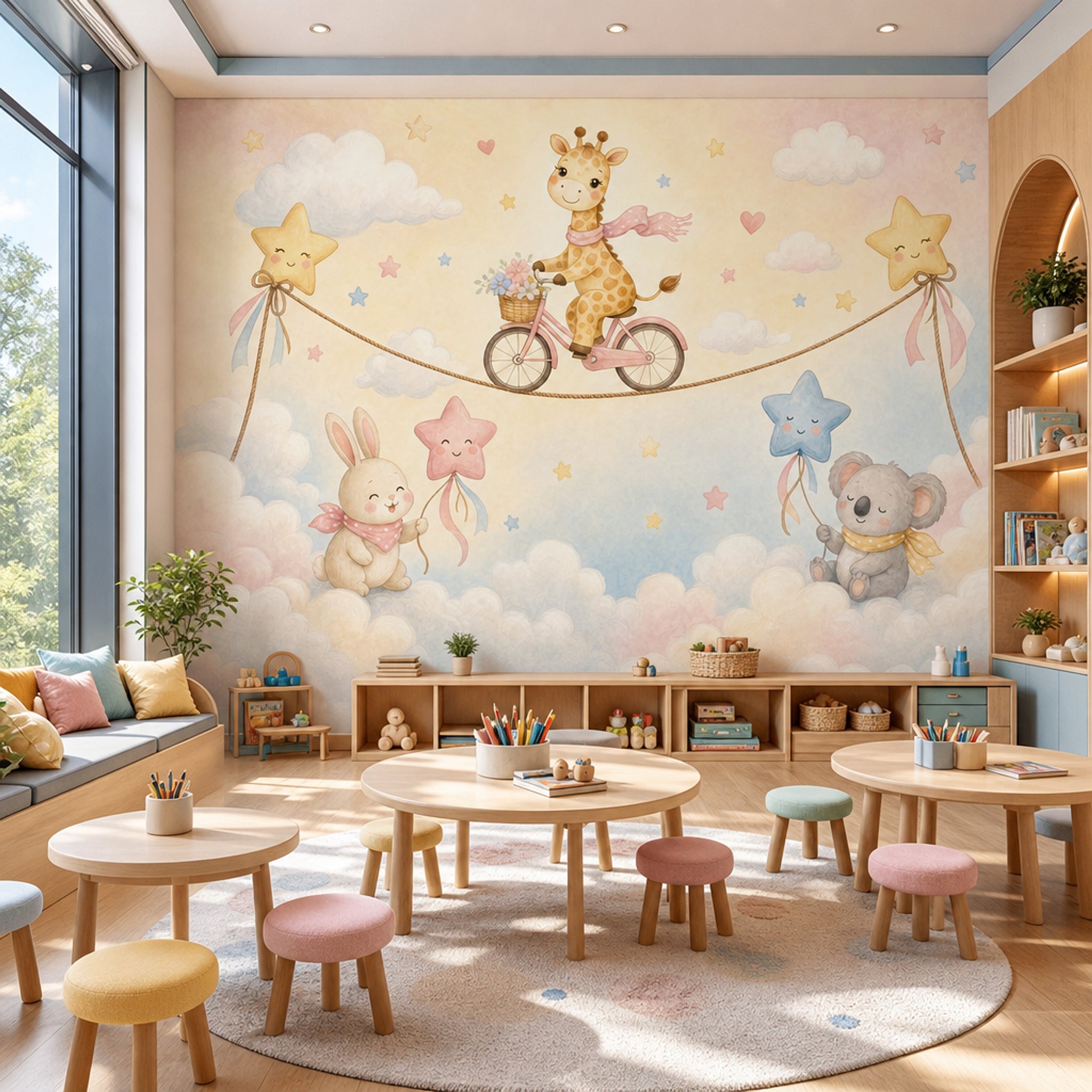 Bulutlar Üstünde Hayvanlı Poster Duvar Kağıdı Pastel Çocuk Odası