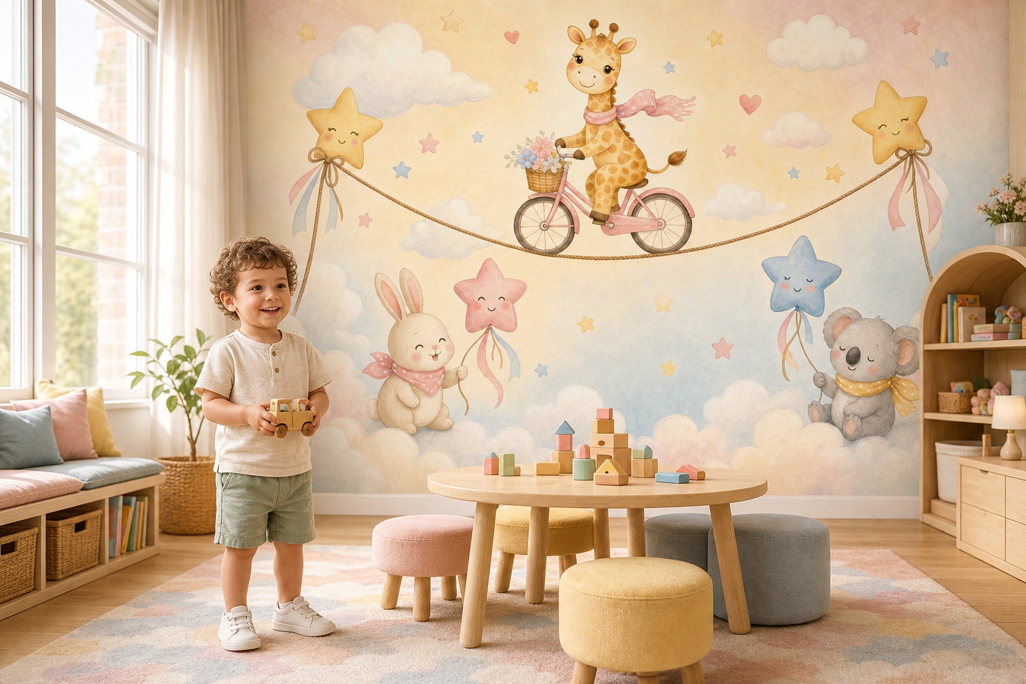 Bulutlar Üstünde Hayvanlı Poster Duvar Kağıdı Pastel Çocuk Odası
