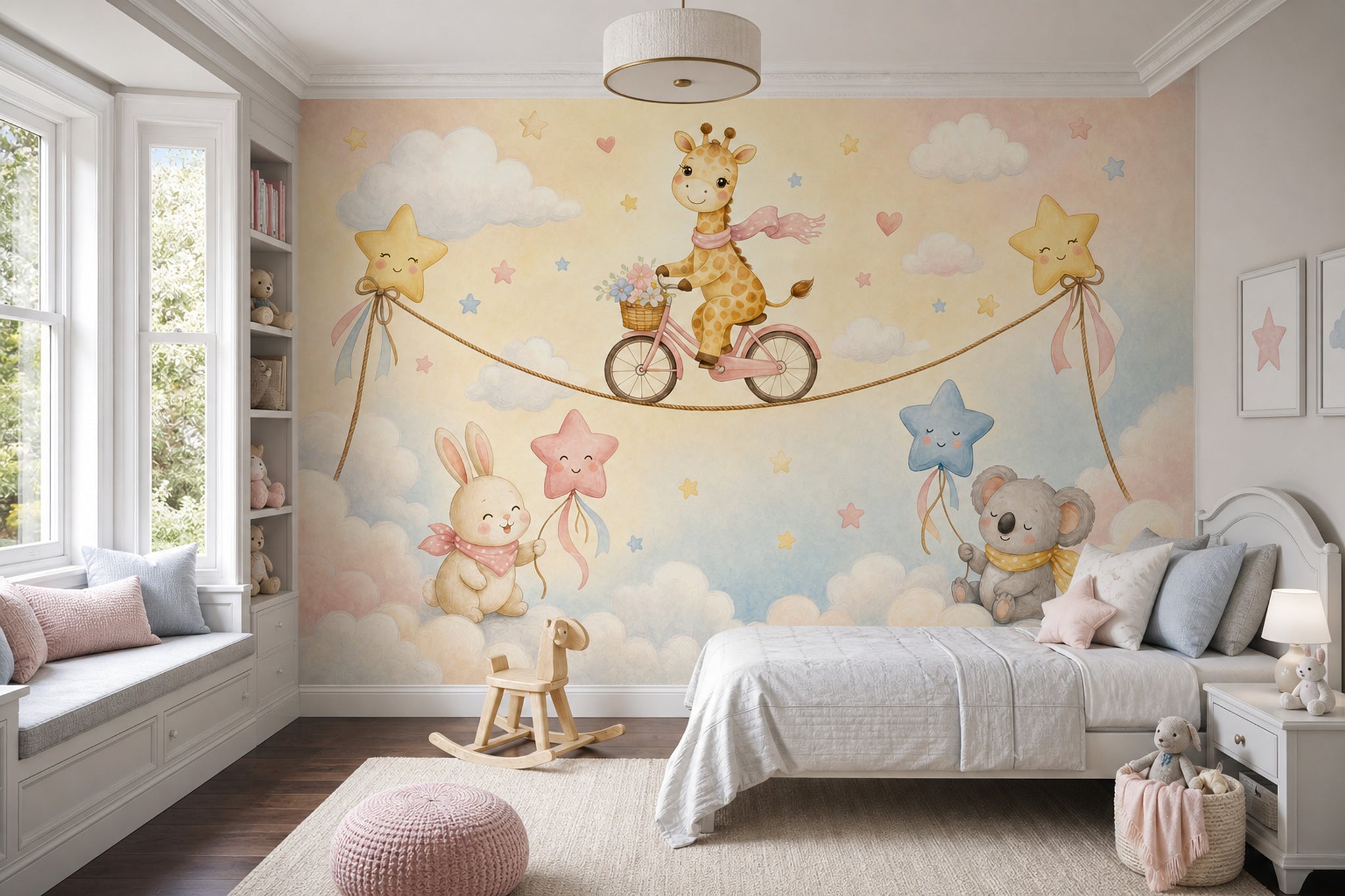 Bulutlar Üstünde Hayvanlı Poster Duvar Kağıdı Pastel Çocuk Odası