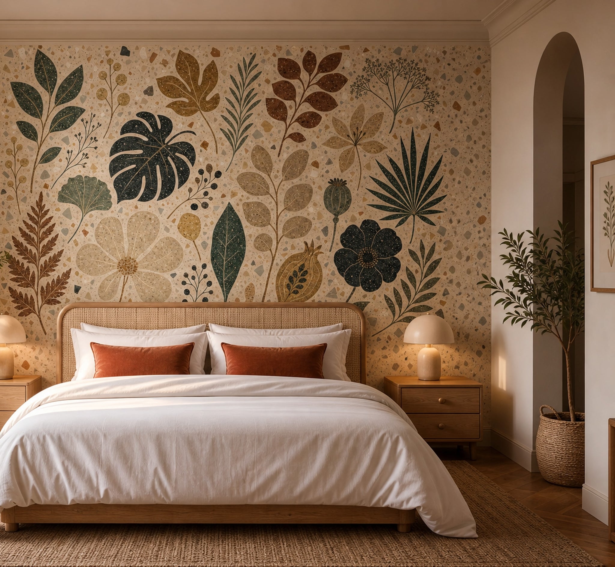 Terrazzo Botanik Poster Duvar Kağıdı Bej Yeşil Yaprak Desenli