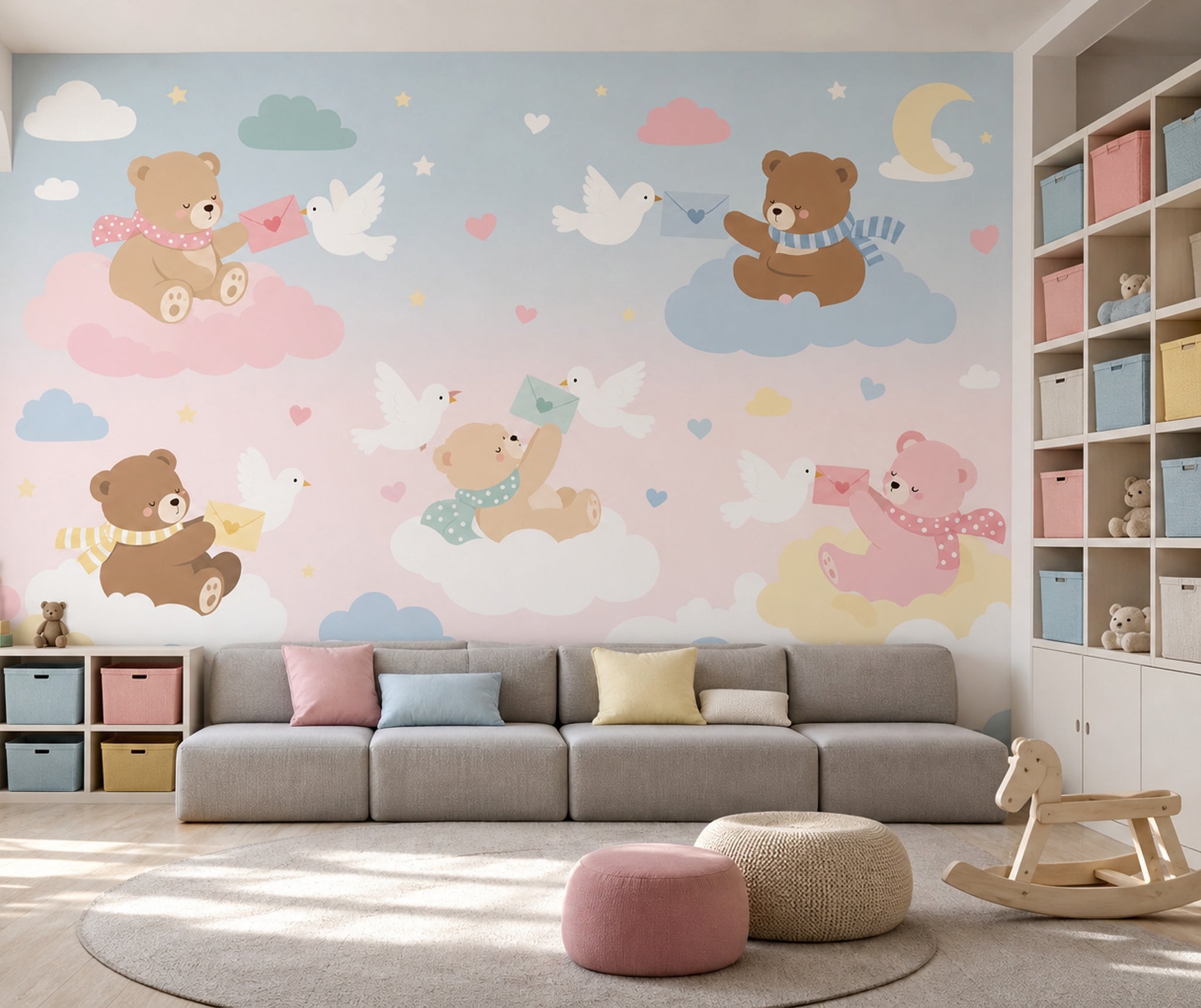 Bulutlarda Ayıcık Poster Duvar Kağıdı Pastel Çocuk Odası