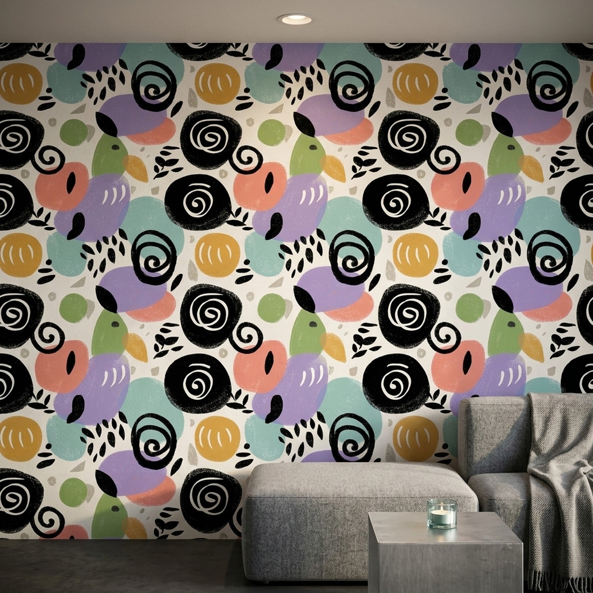 Soyut Kuş Desenli Duvar Kağıdı Renkli Modern Salon
