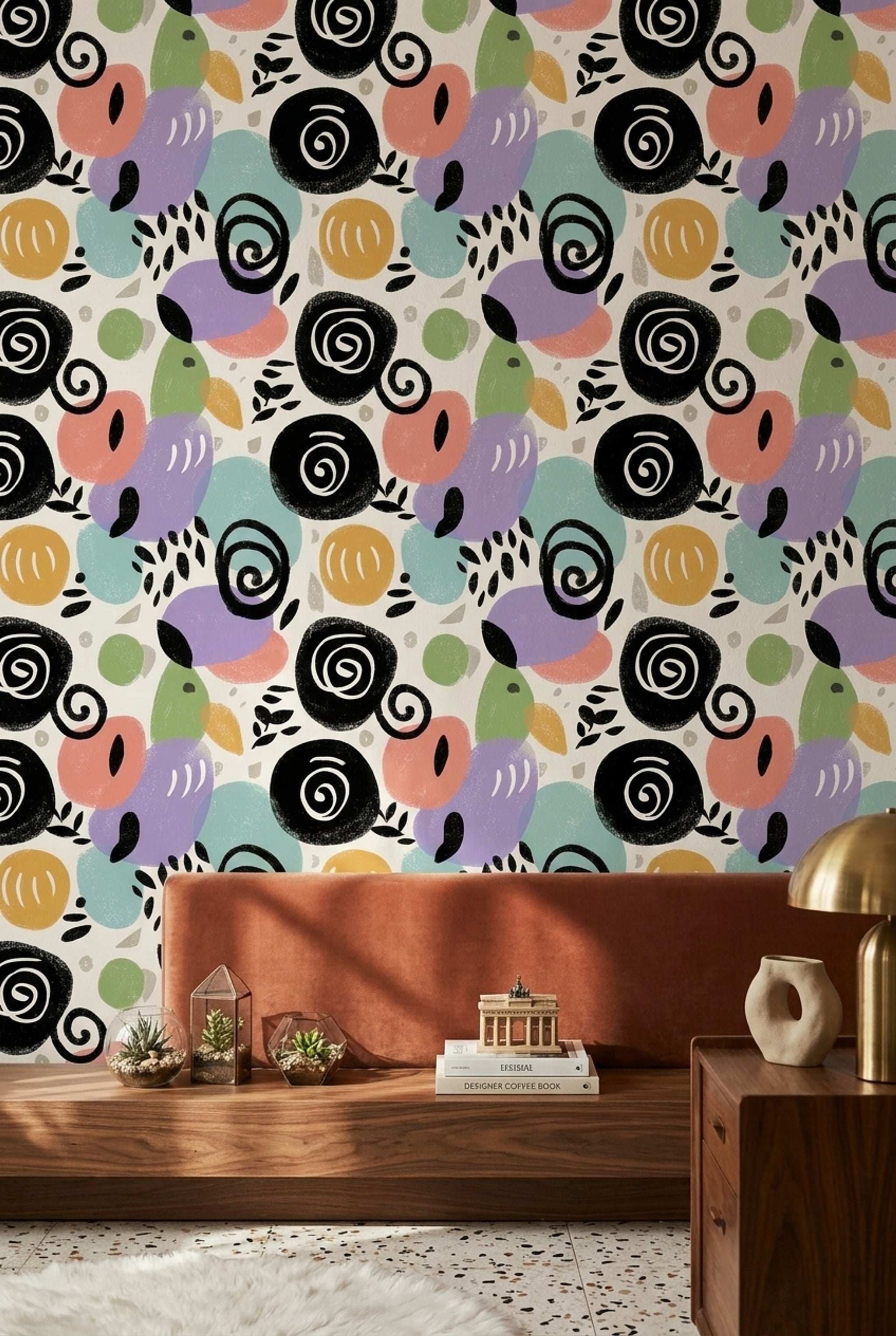Soyut Kuş Desenli Duvar Kağıdı Renkli Modern Salon