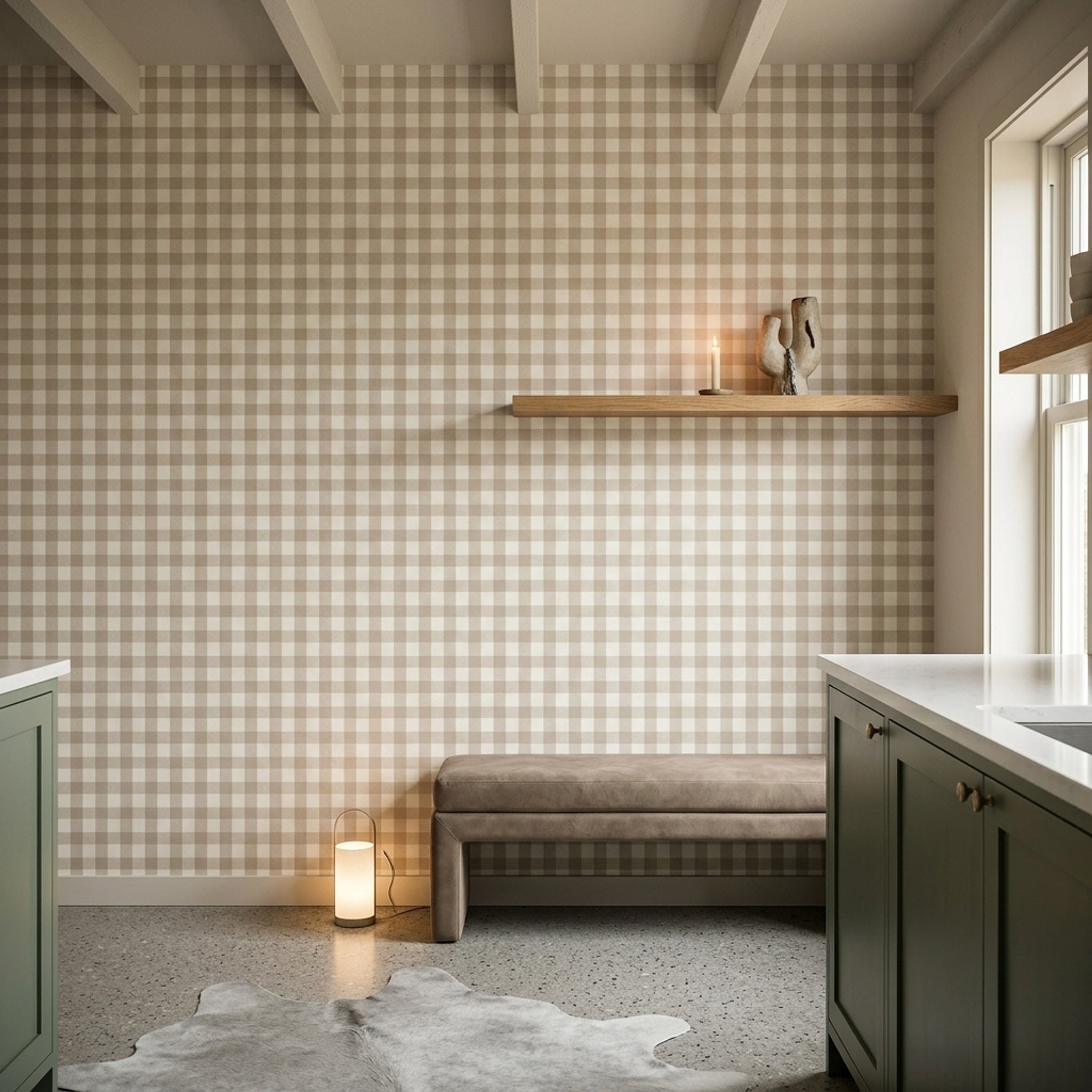 Bej Kareli Duvar Kağıdı Minimal Salon Yatak Odası