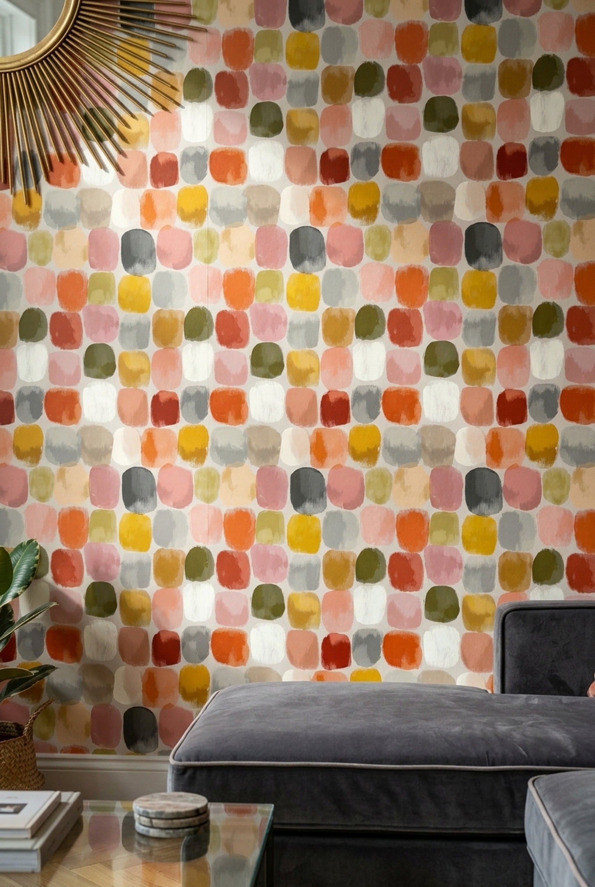 Renkli Kare Desenli Duvar Kağıdı Modern Salon Dekoru