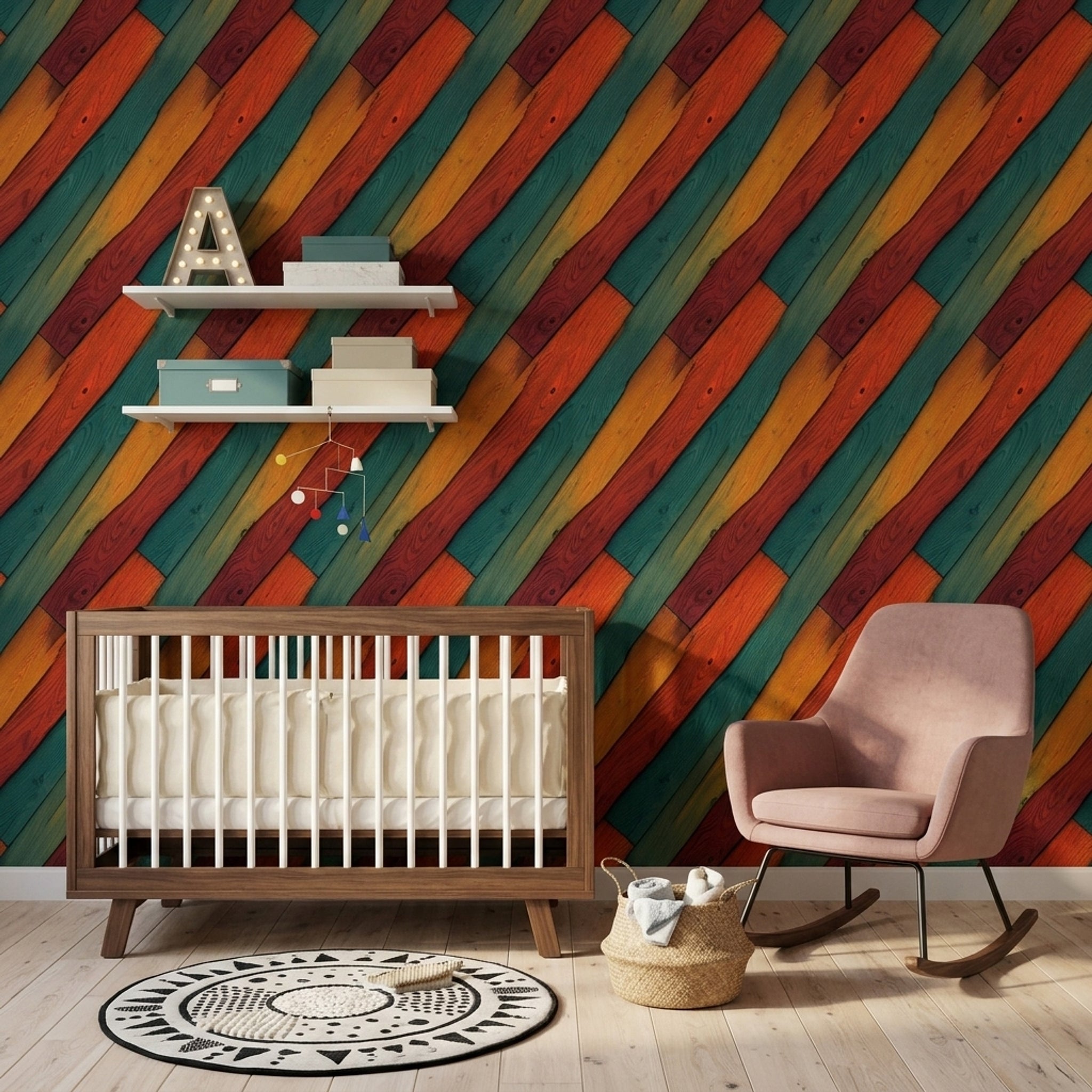 Renkli Ahşap Görünümlü Duvar Kağıdı Diyagonal Desenli Salon