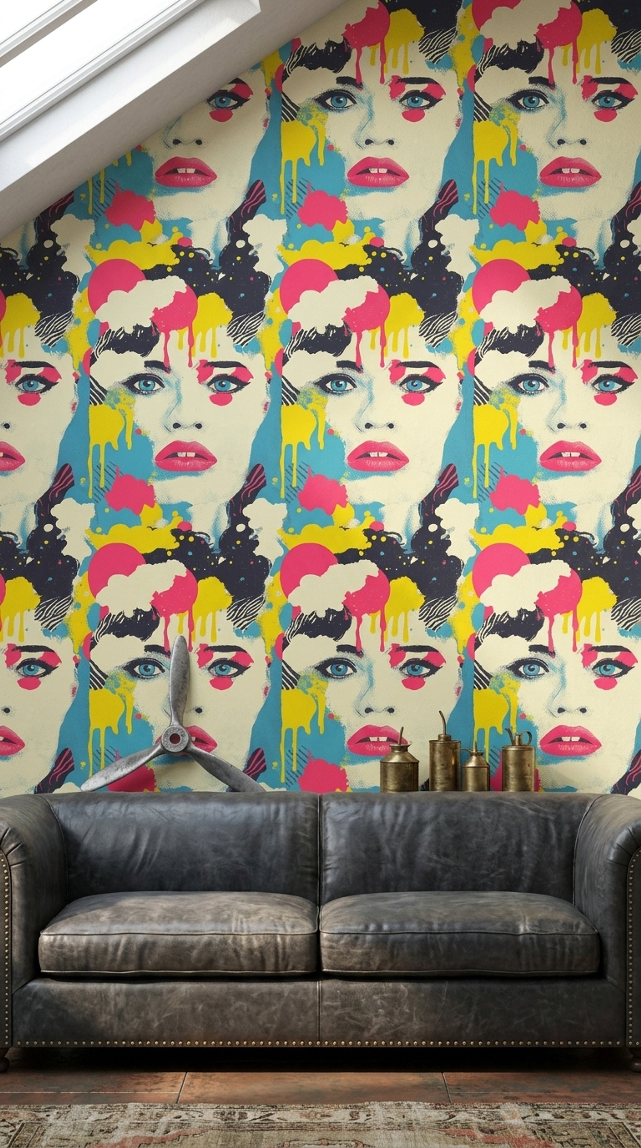 Pop Art Kadın Yüz Desenli Duvar Kağıdı Renkli Salon