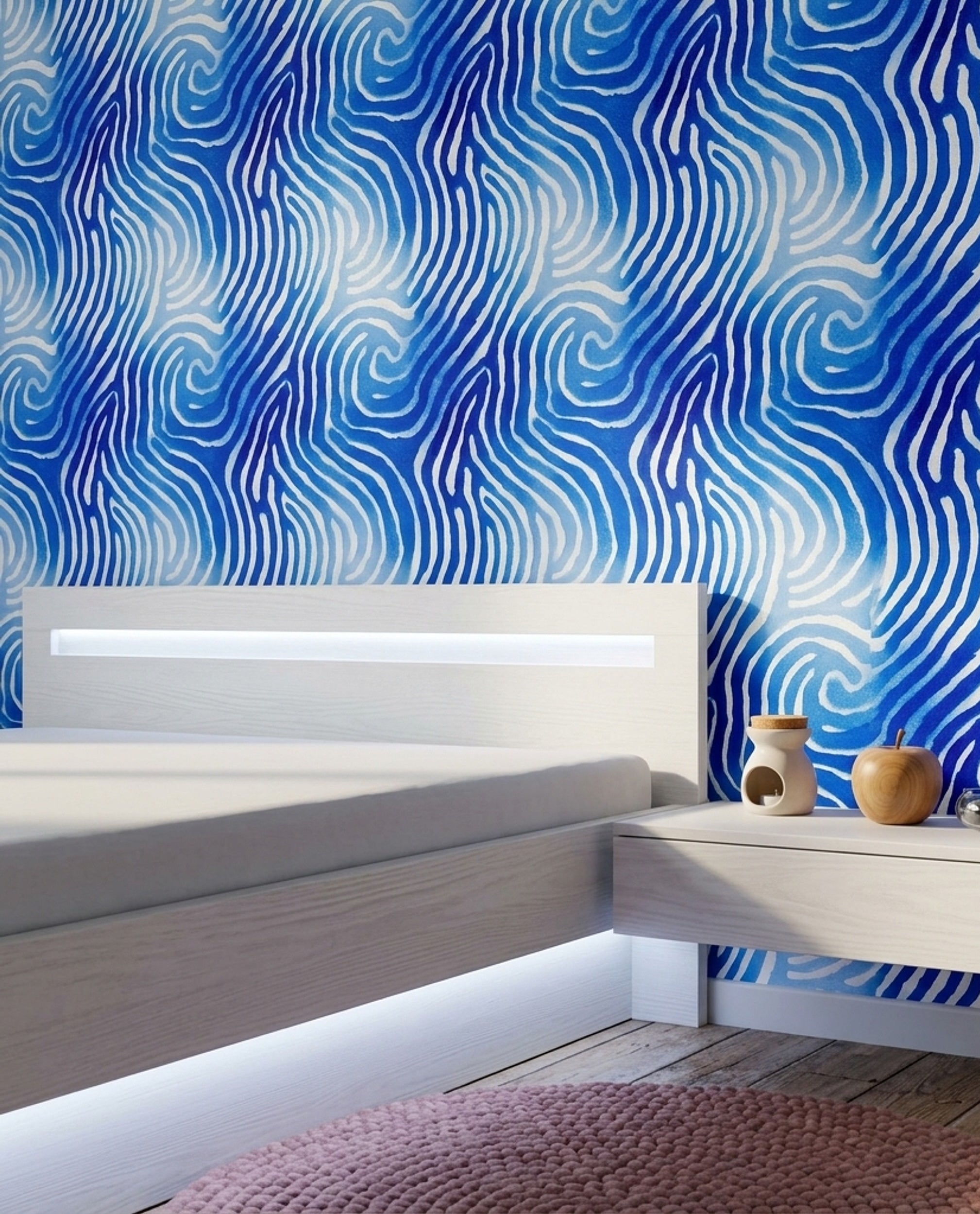 Mavi Dalga Desenli Duvar Kağıdı Modern Salon Dekoru