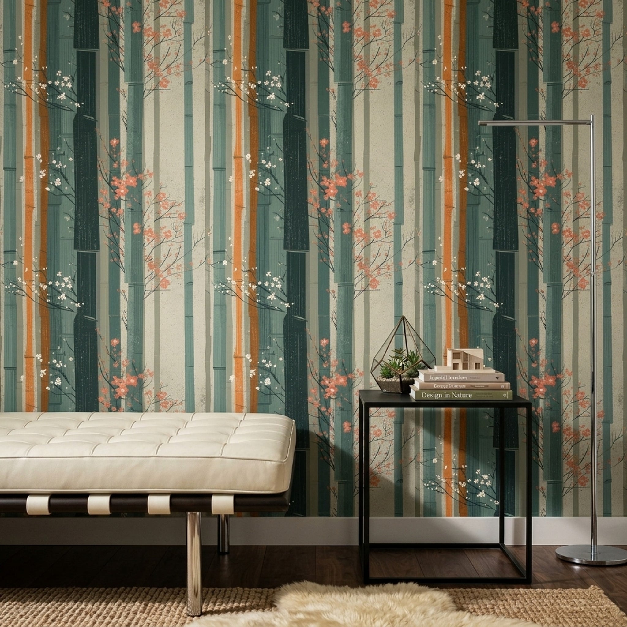 Bambu ve Çiçek Desenli Duvar Kağıdı Yeşil Salon