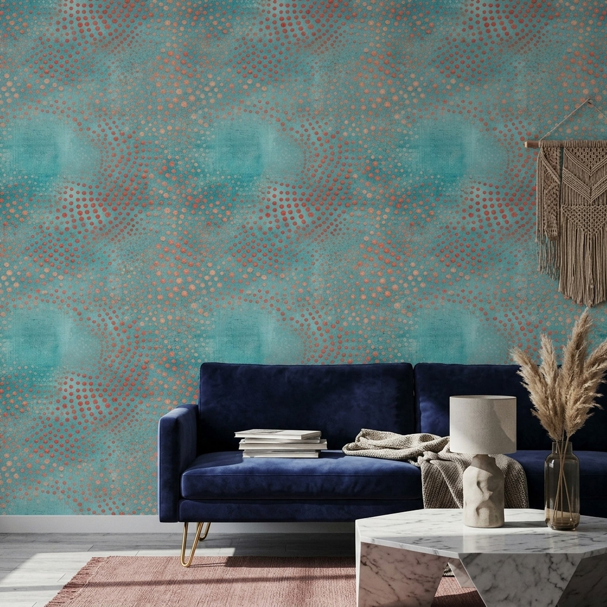 Retro Puantiyeli Geometrik Duvar Kağıdı Turkuaz Kiremit Salon