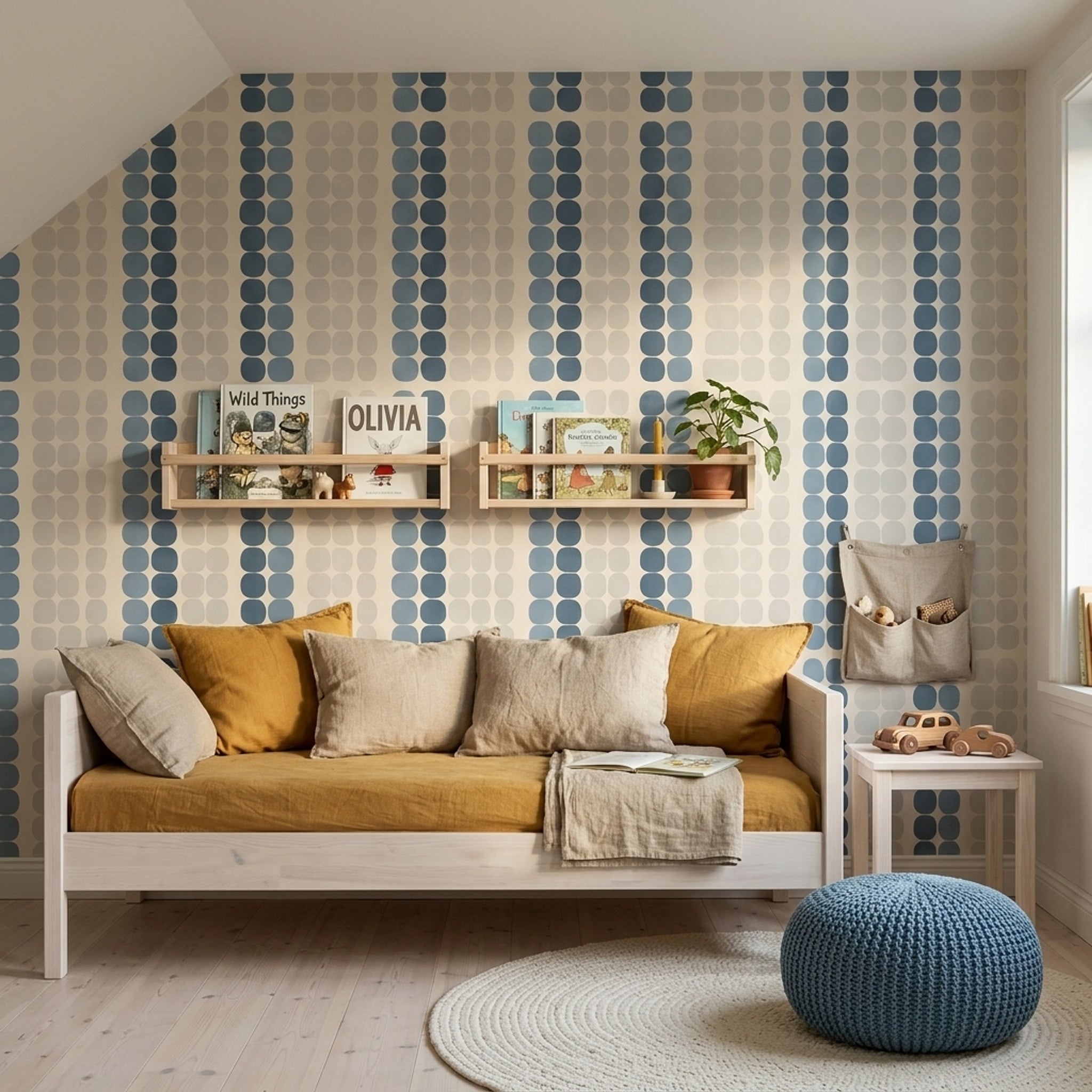 Geometrik Noktalı Duvar Kağıdı Mavi Bej Çizgili Salon