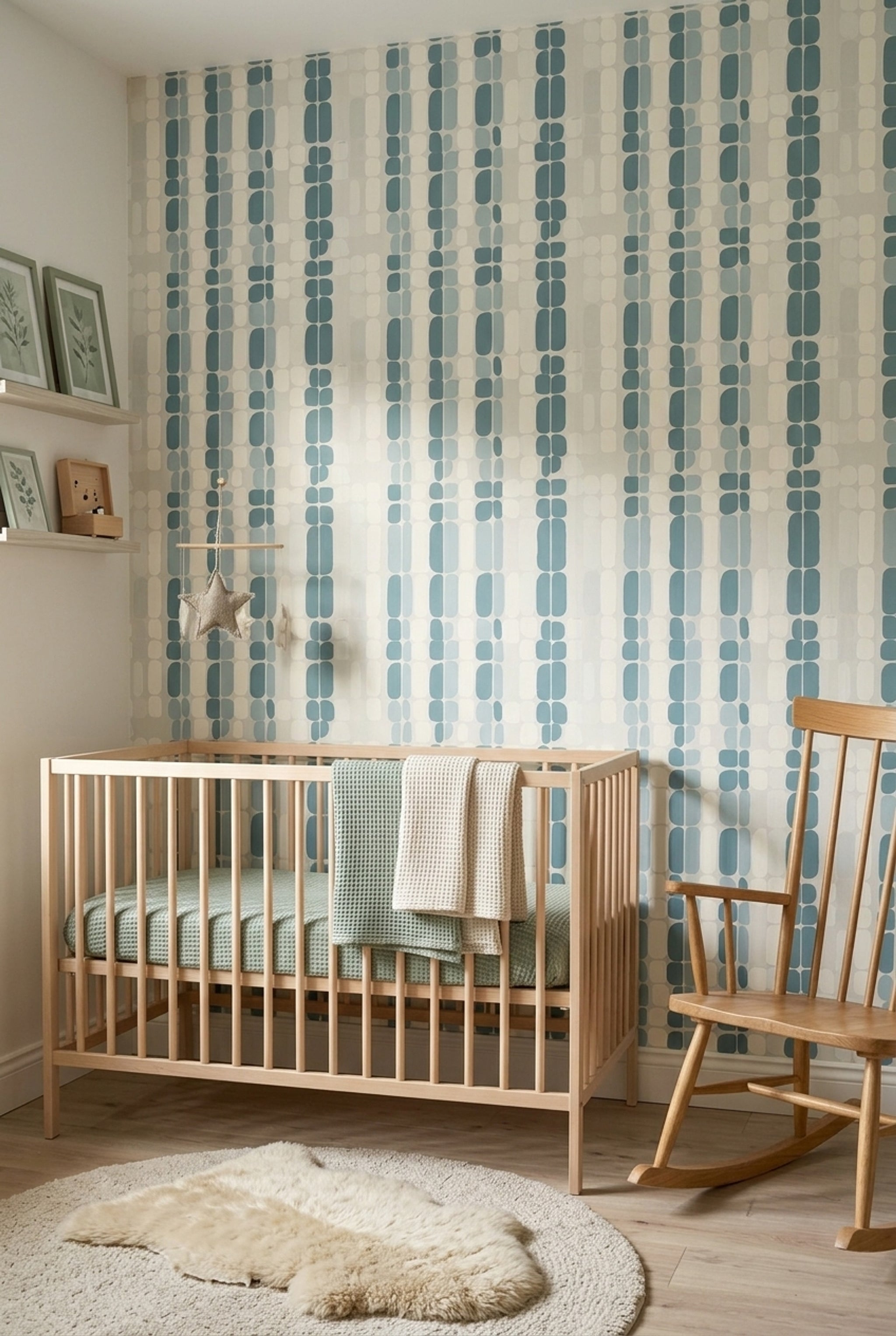 Geometrik Desenli Duvar Kağıdı Mavi Krem Modern Salon