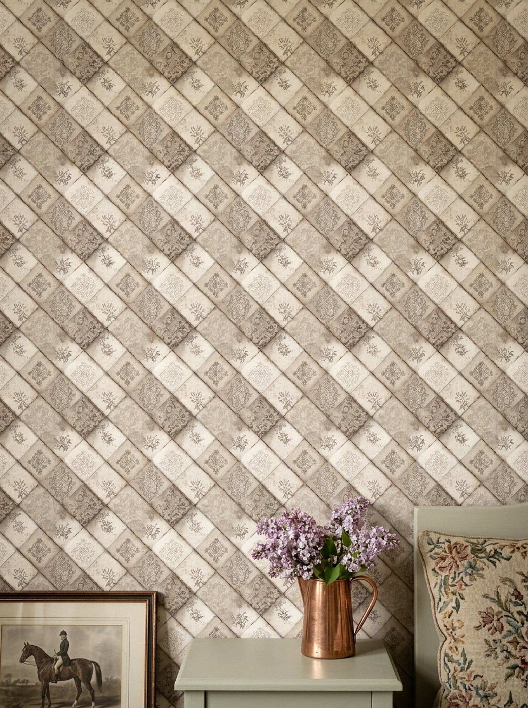 Vintage Patchwork Desenli Duvar Kağıdı Bej Klasik Salon