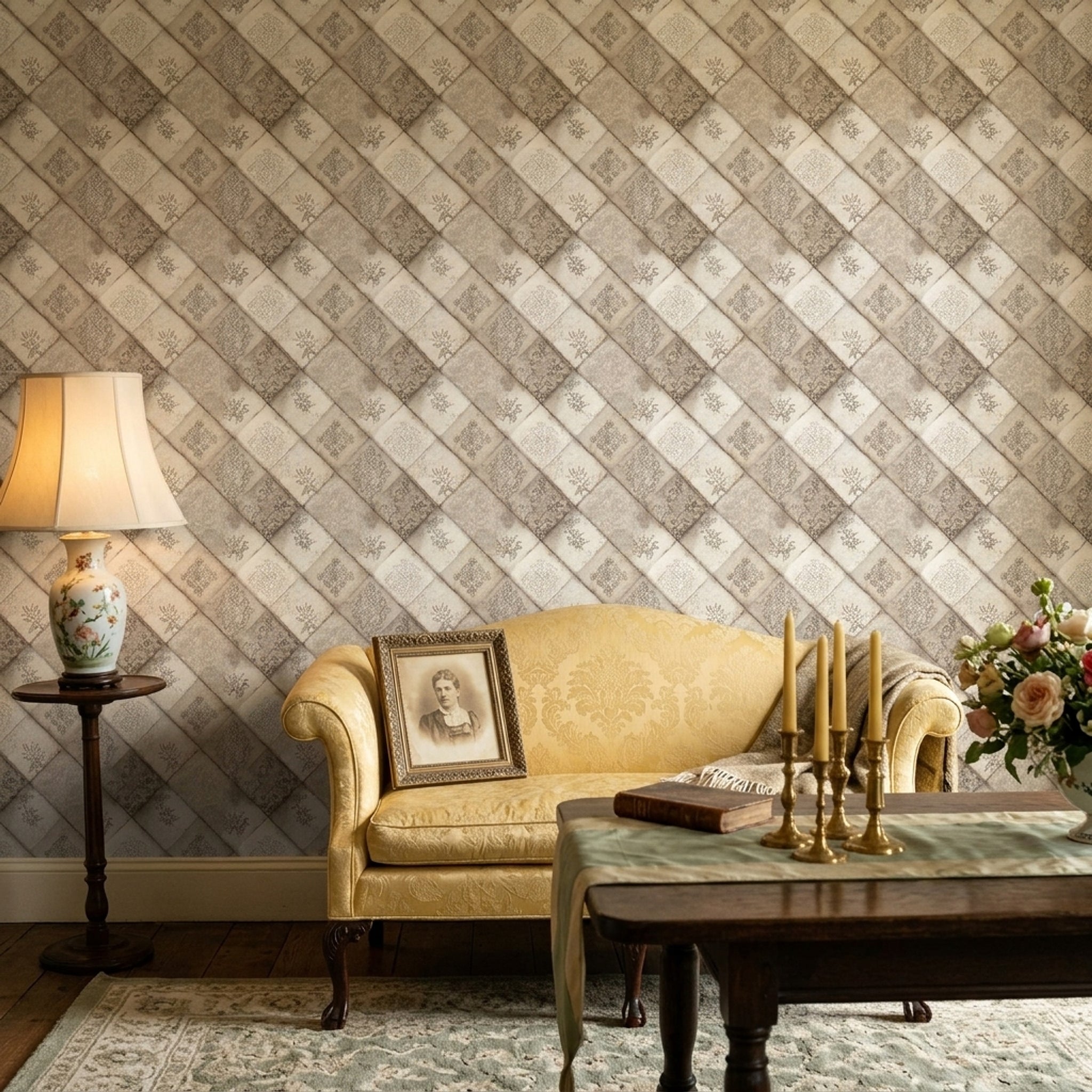 Vintage Patchwork Desenli Duvar Kağıdı Bej Klasik Salon