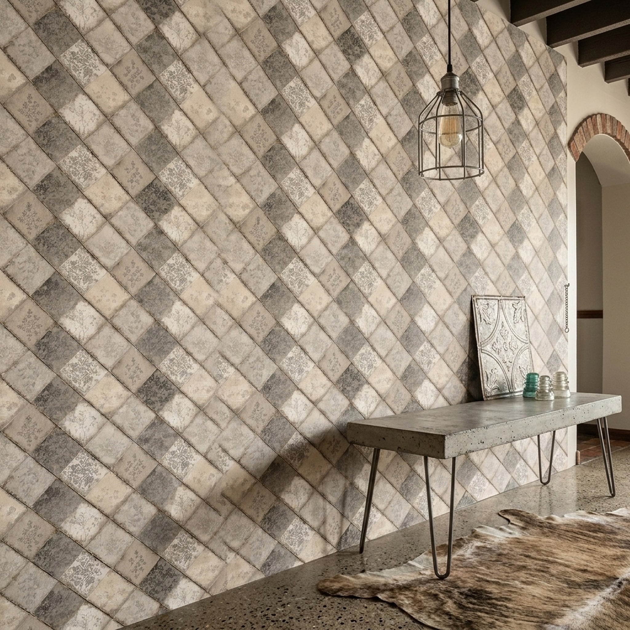 Patchwork Kareli Duvar Kağıdı Bej Gri Geometrik Desenli