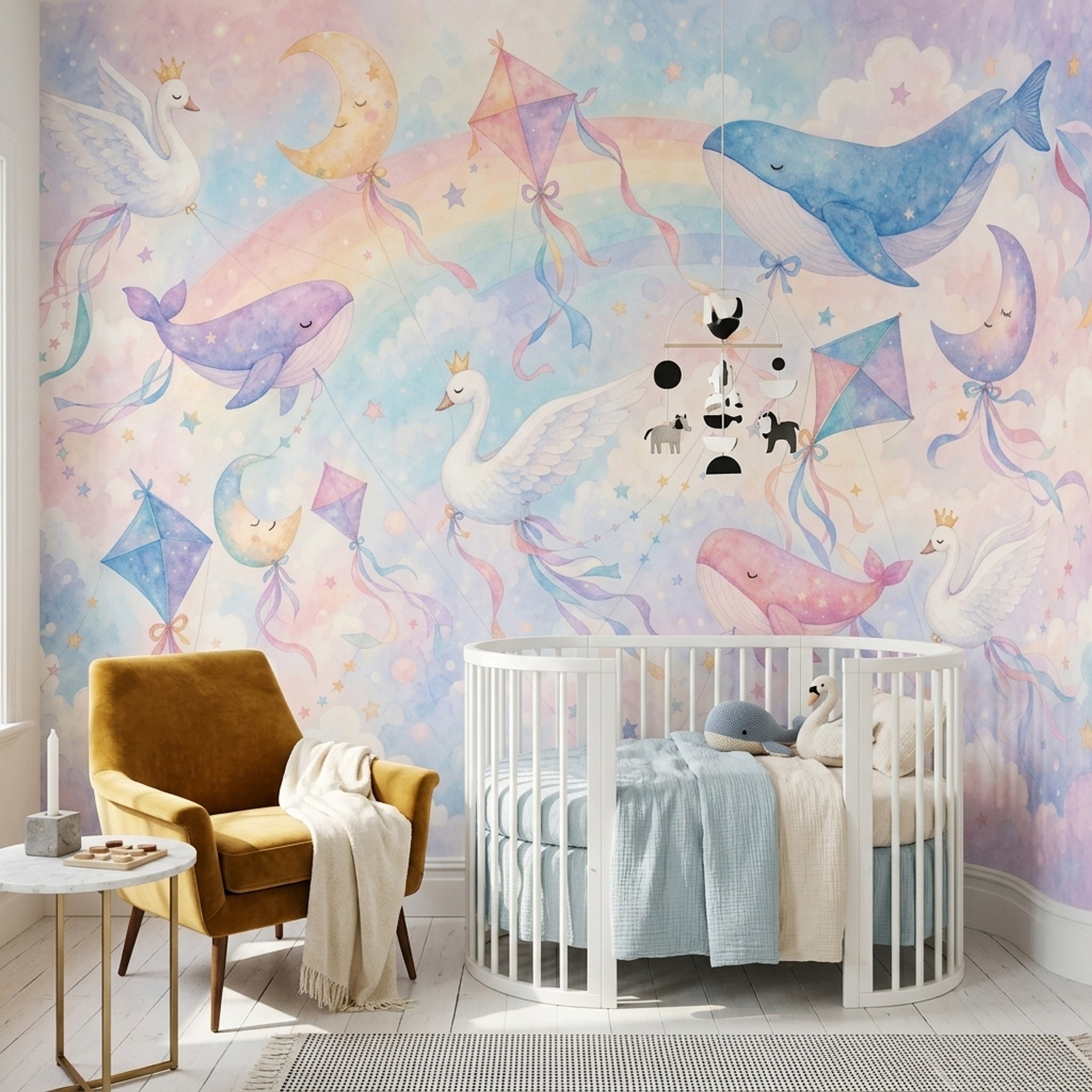 Gökkuşağı Balina Kuğulu Poster Duvar Kağıdı Pastel Çocuk Odası