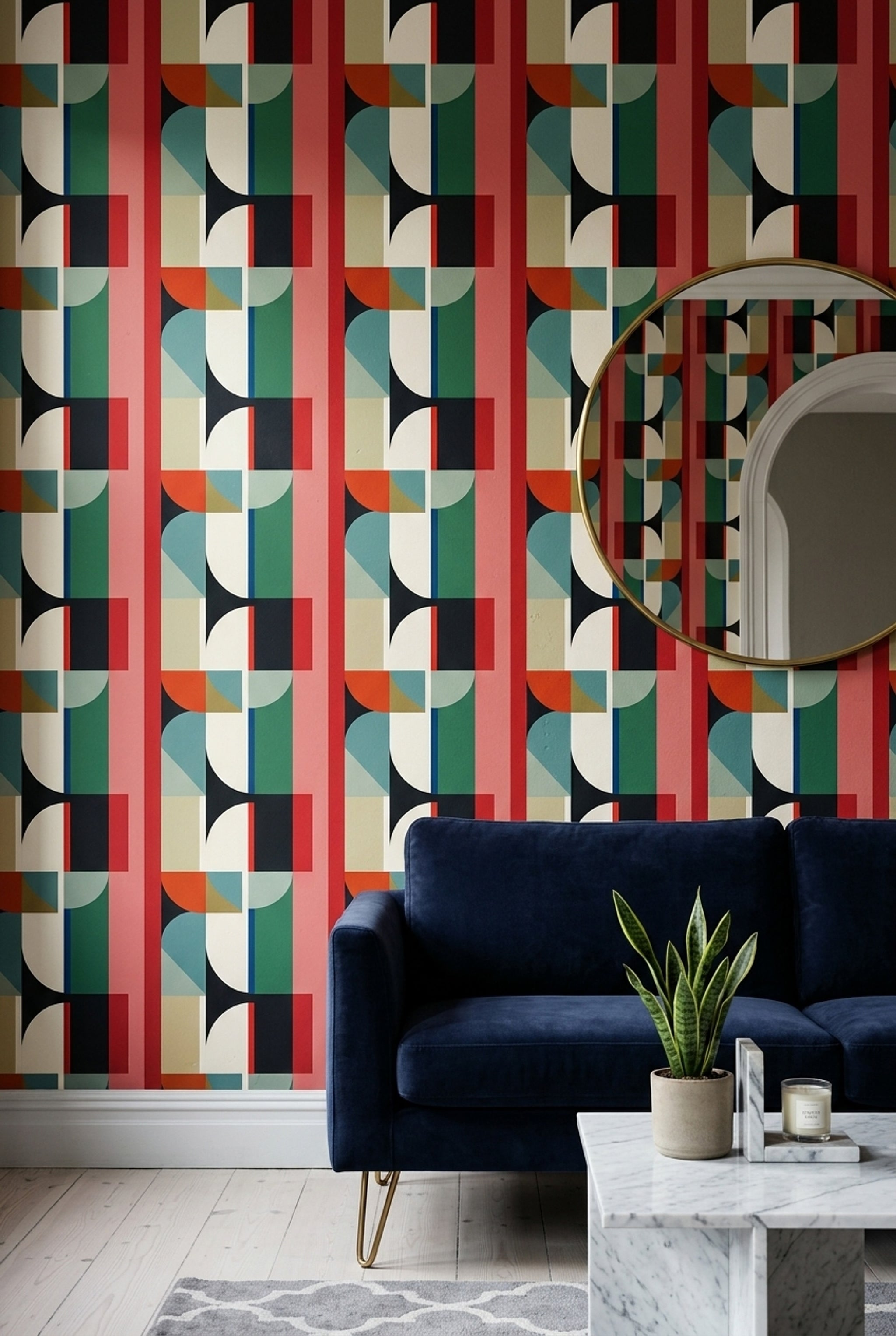 Geometrik Desenli Duvar Kağıdı Kırmızı ve Siyah Modern Salon
