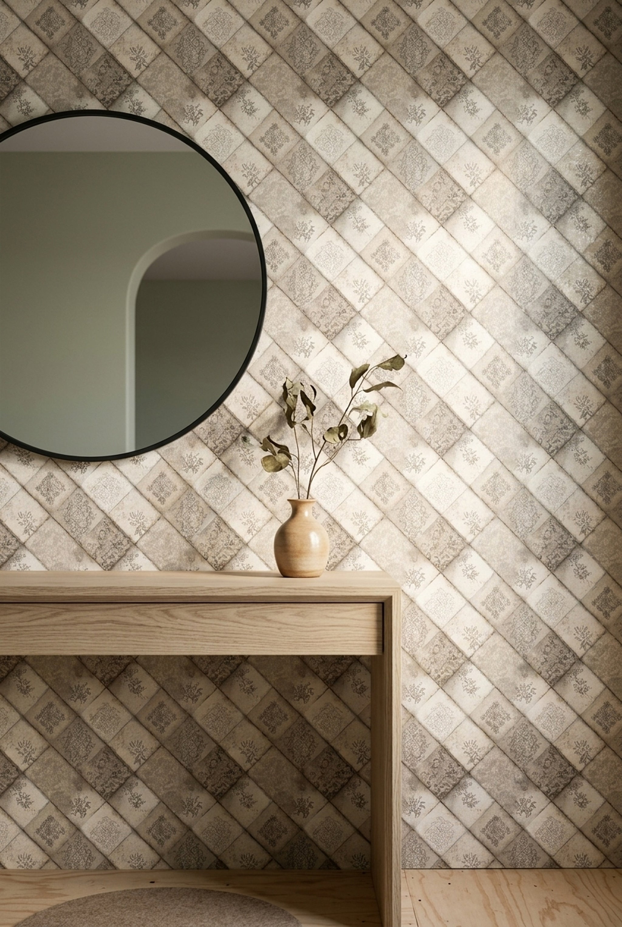 Vintage Patchwork Desenli Duvar Kağıdı Bej Klasik Salon