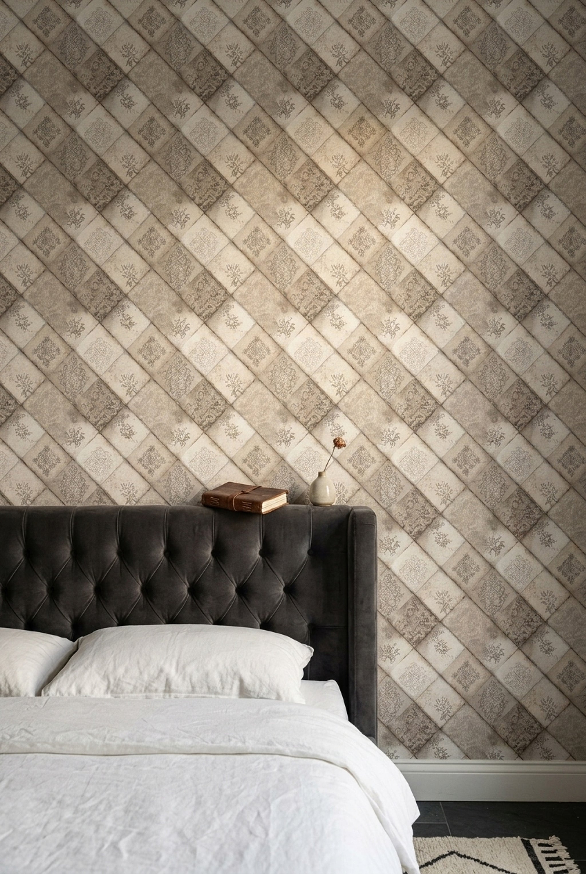Vintage Patchwork Desenli Duvar Kağıdı Bej Klasik Salon