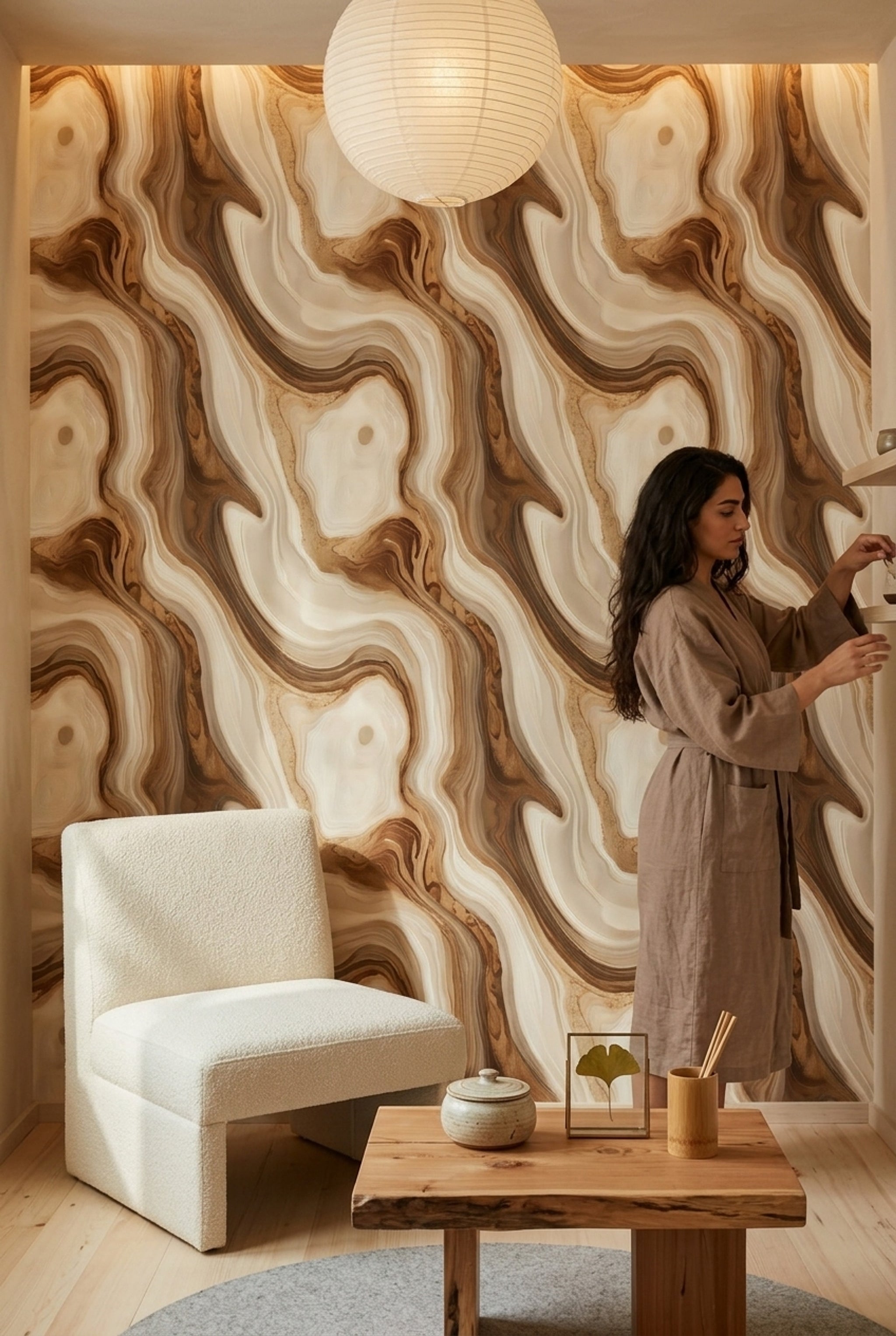 Soyut Dalgalı Duvar Kağıdı Bej Kahverengi Modern Salon