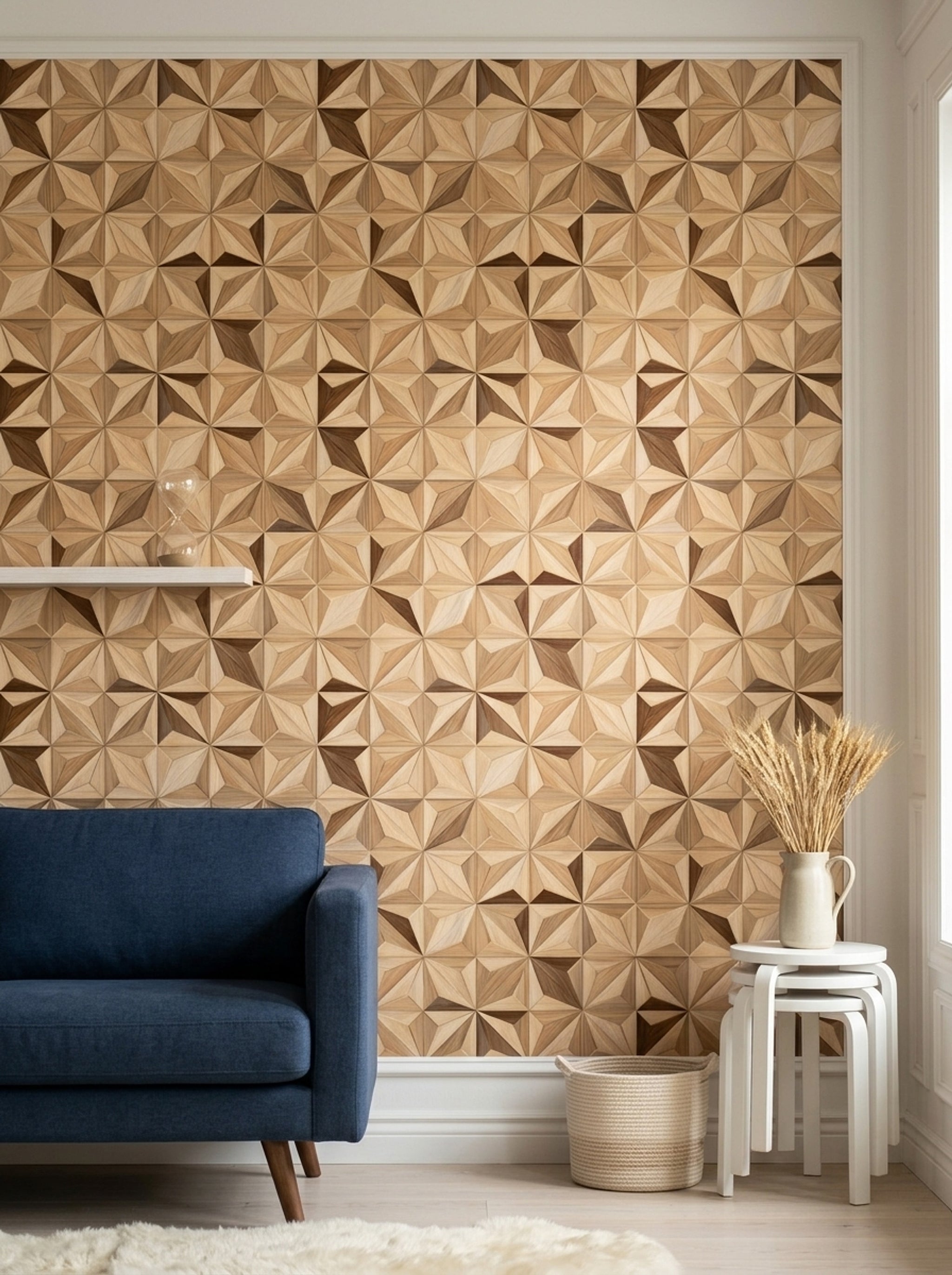 Geometrik Ahşap Görünümlü Duvar Kağıdı Bej Modern Salon