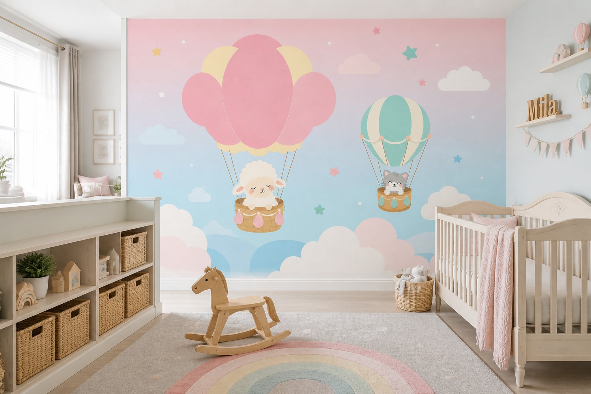 Balonlu Bulutlu Poster Duvar Kağıdı Pastel Mavi Bebek Odası