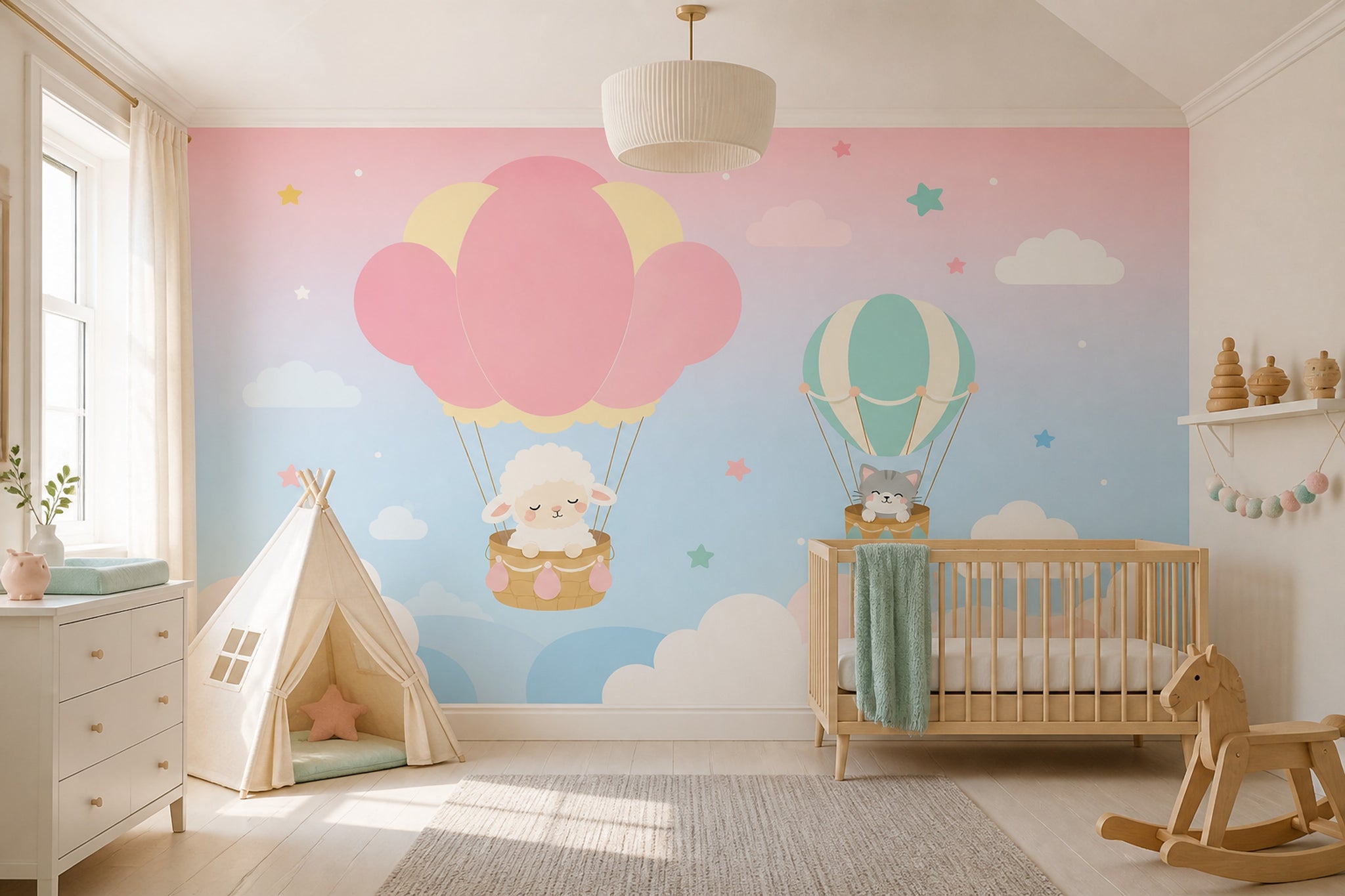 Balonlu Bulutlu Poster Duvar Kağıdı Pastel Mavi Bebek Odası