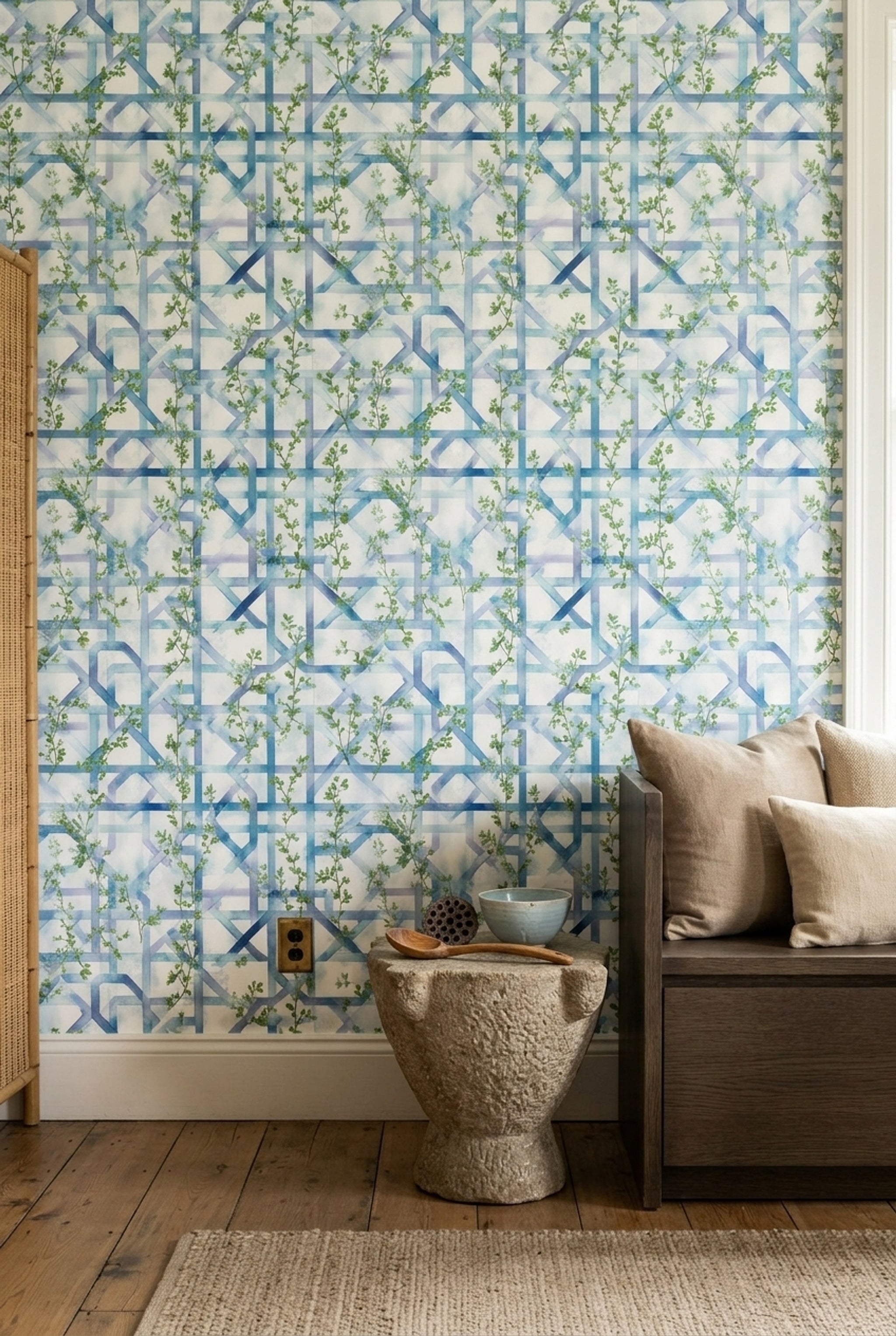 Mavi Geometrik Sarmaşık Desenli Duvar Kağıdı Modern Salon