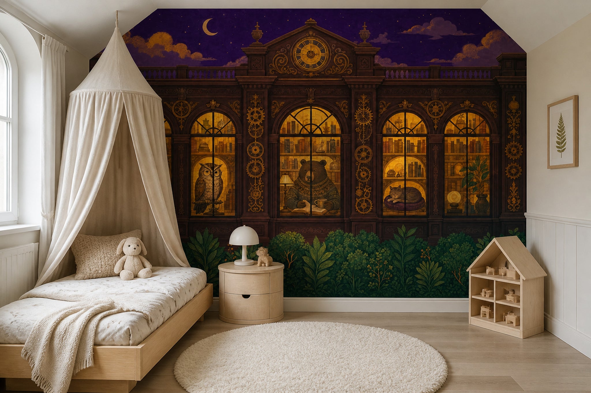 Gece Kütüphane Masallı Poster Duvar Kağıdı Mor Çocuk Odası