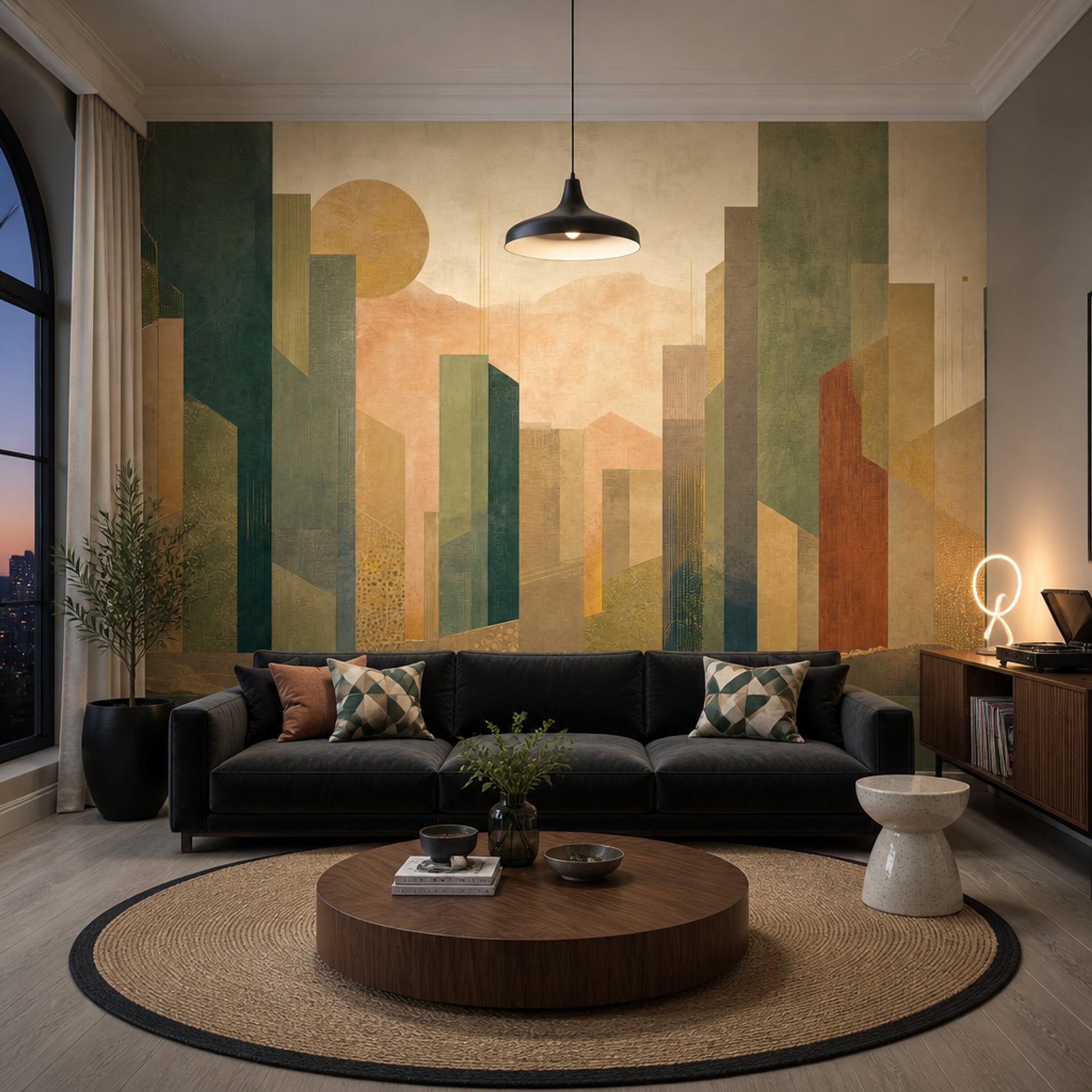 Geometrik Şehir Silüetli Poster Duvar Kağıdı Yeşil Bej Salon