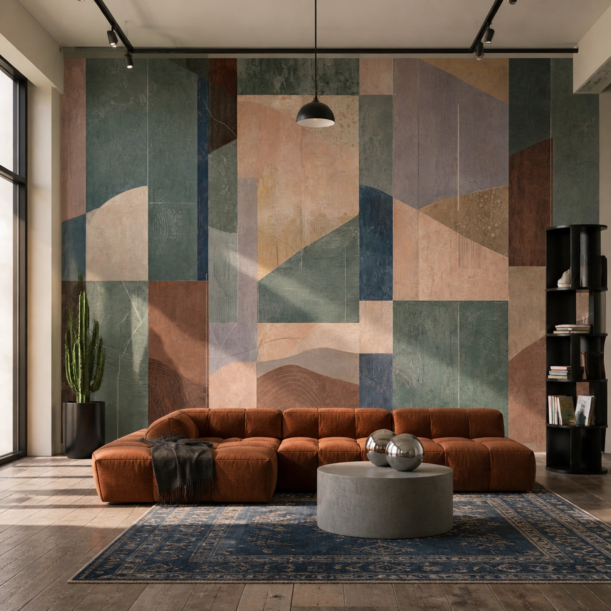 Soyut Geometrik Poster Duvar Kağıdı Yeşil Bej Salon Dekoru