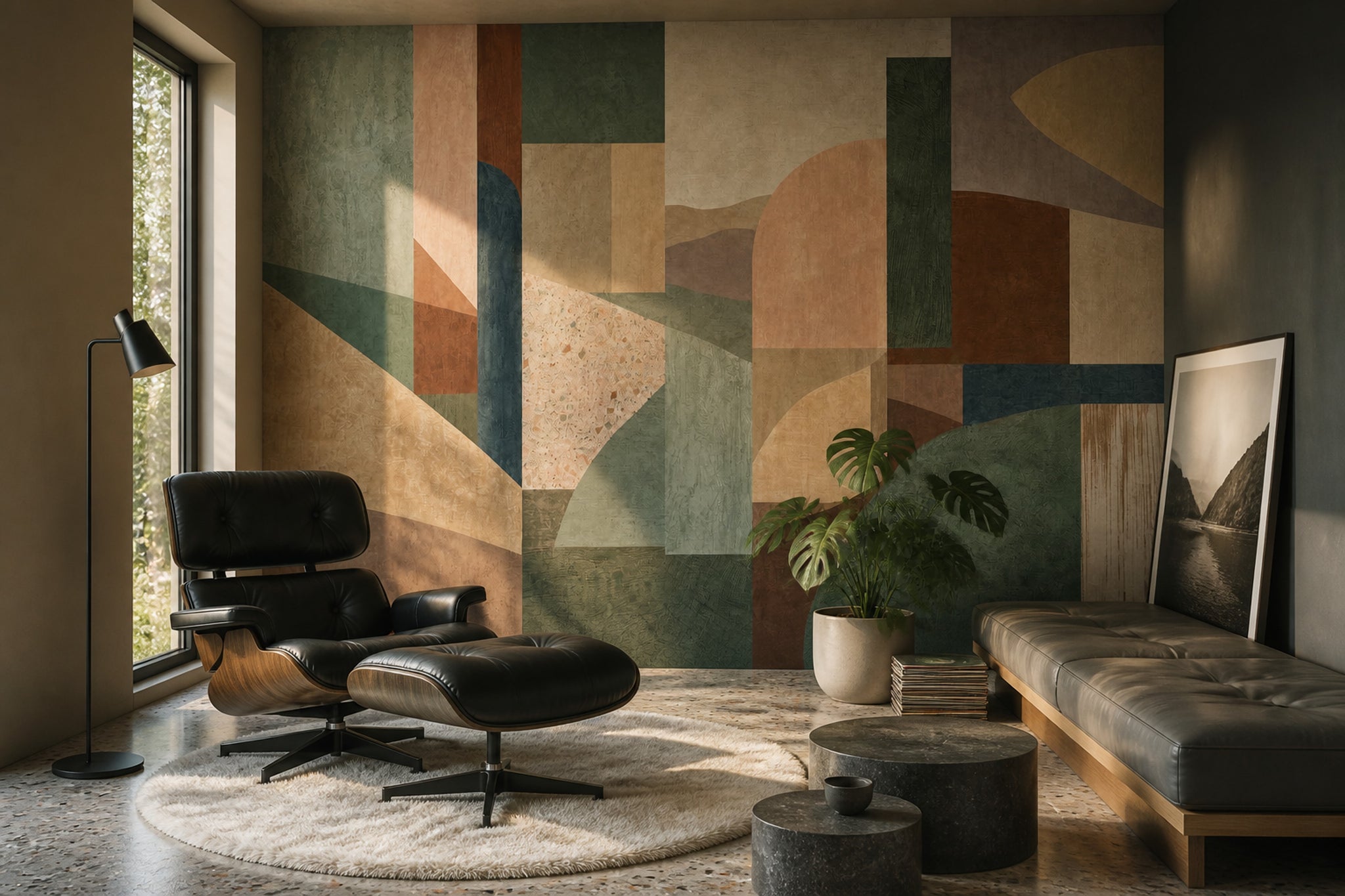 Soyut Geometrik Poster Duvar Kağıdı Yeşil Bej Salon Dekoru