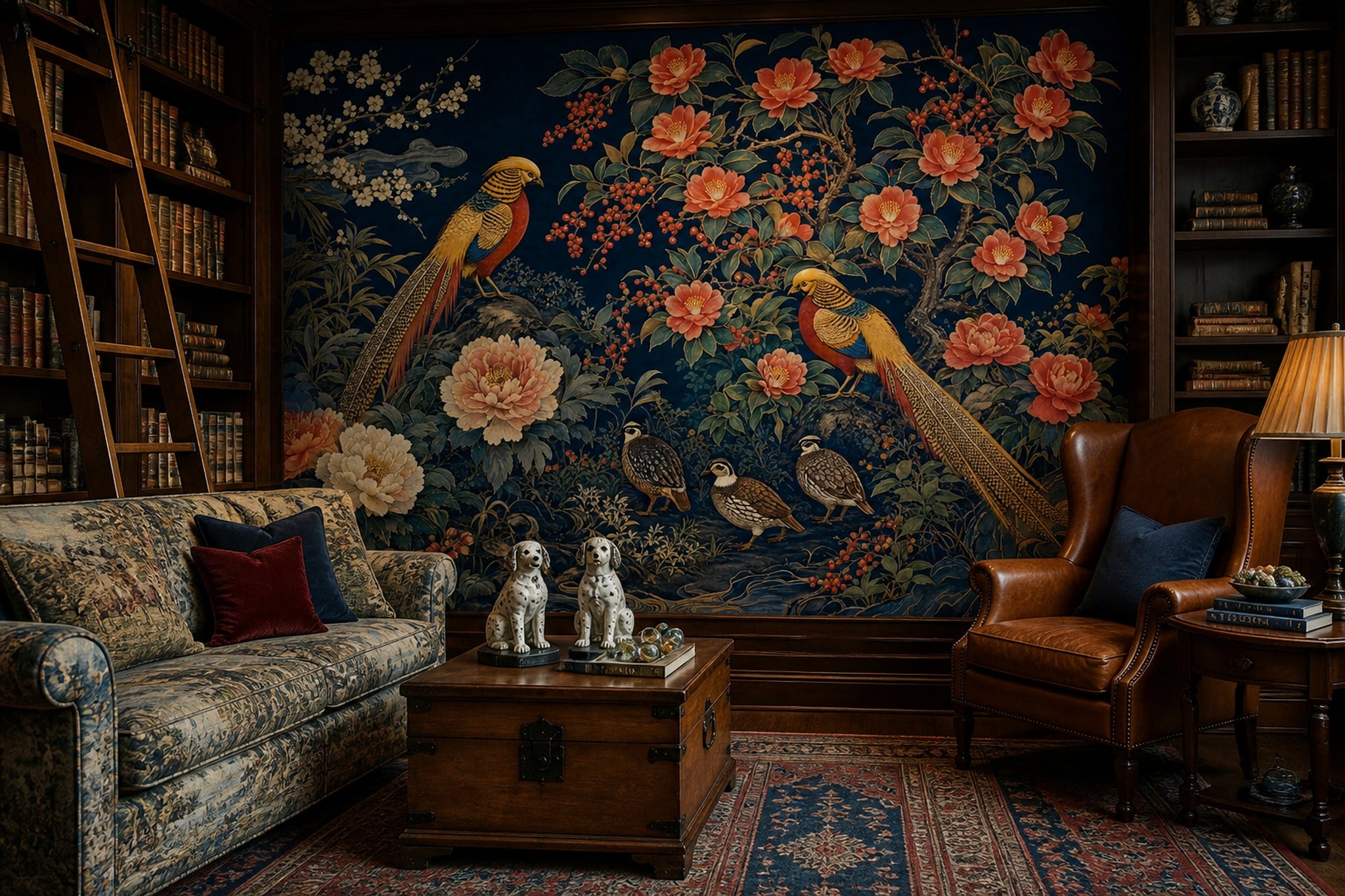 Çiçekli Kuşlu Poster Duvar Kağıdı Lacivert Vintage Salon