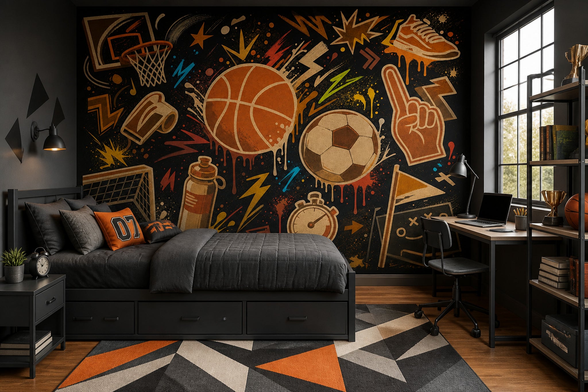 Basketbol ve Futbol Temalı Poster Duvar Kağıdı Siyah Spor Desen