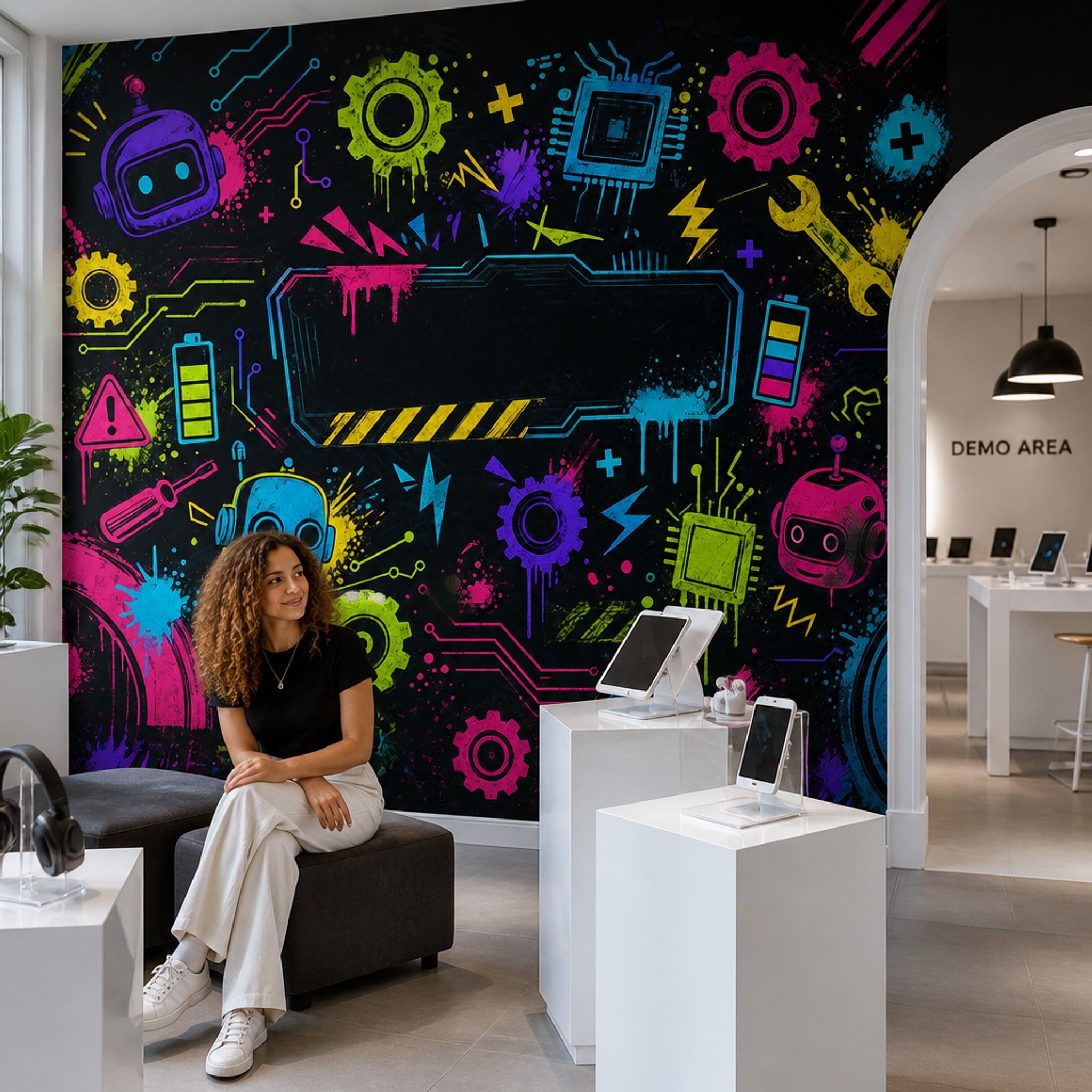 Robot ve Devre Temalı Poster Duvar Kağıdı Siyah Genç Odası