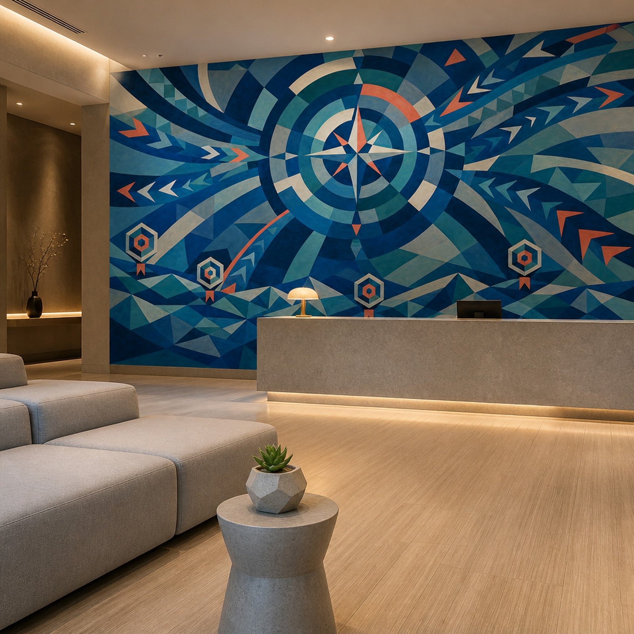 Pusula Gül Desenli Poster Duvar Kağıdı Mavi Geometrik Ofis