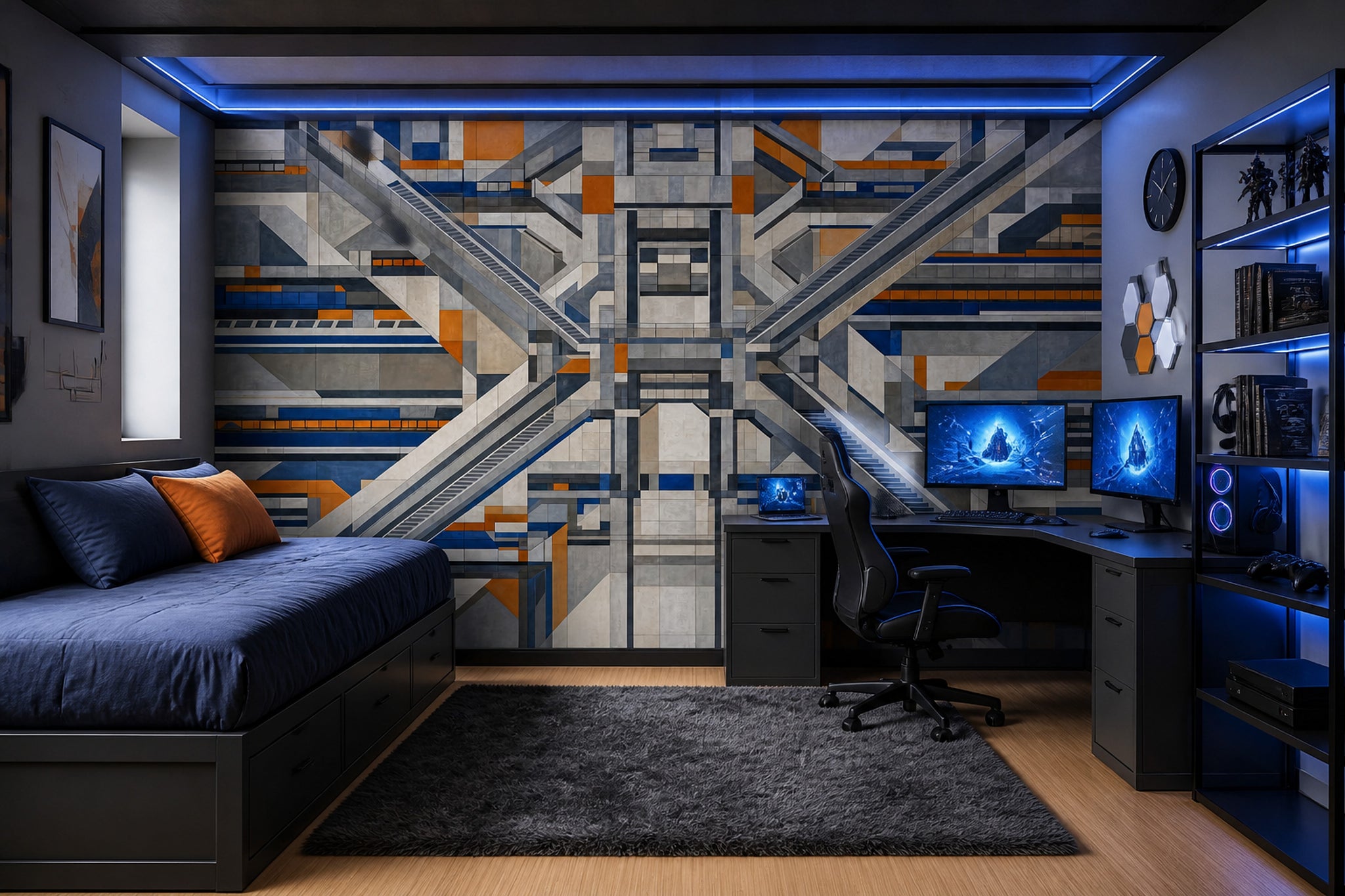 Geometrik Soyut Poster Duvar Kağıdı Gri Mavi Salon Duvarı