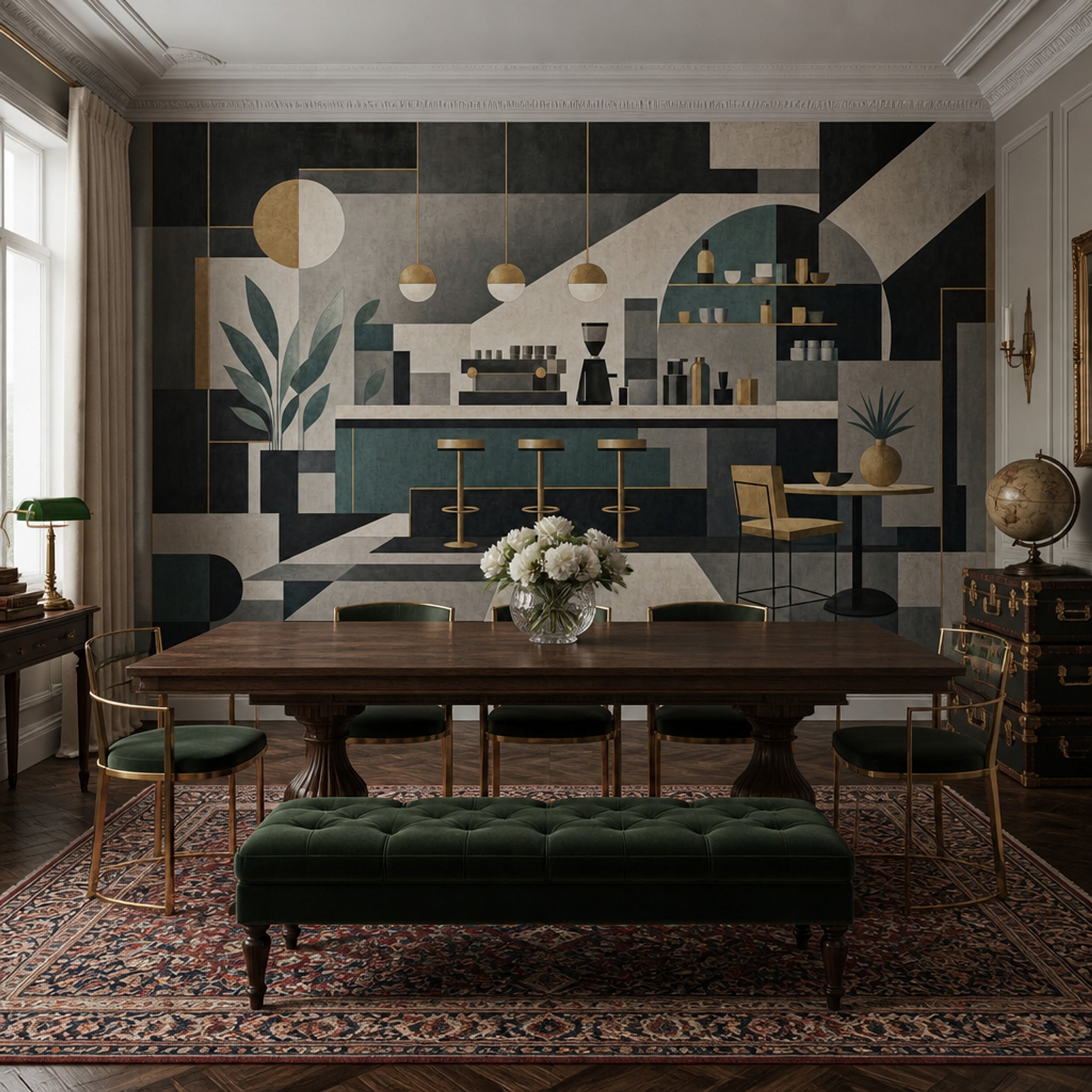 Geometrik Kafe Temalı Poster Duvar Kağıdı Yeşil Bej Salon