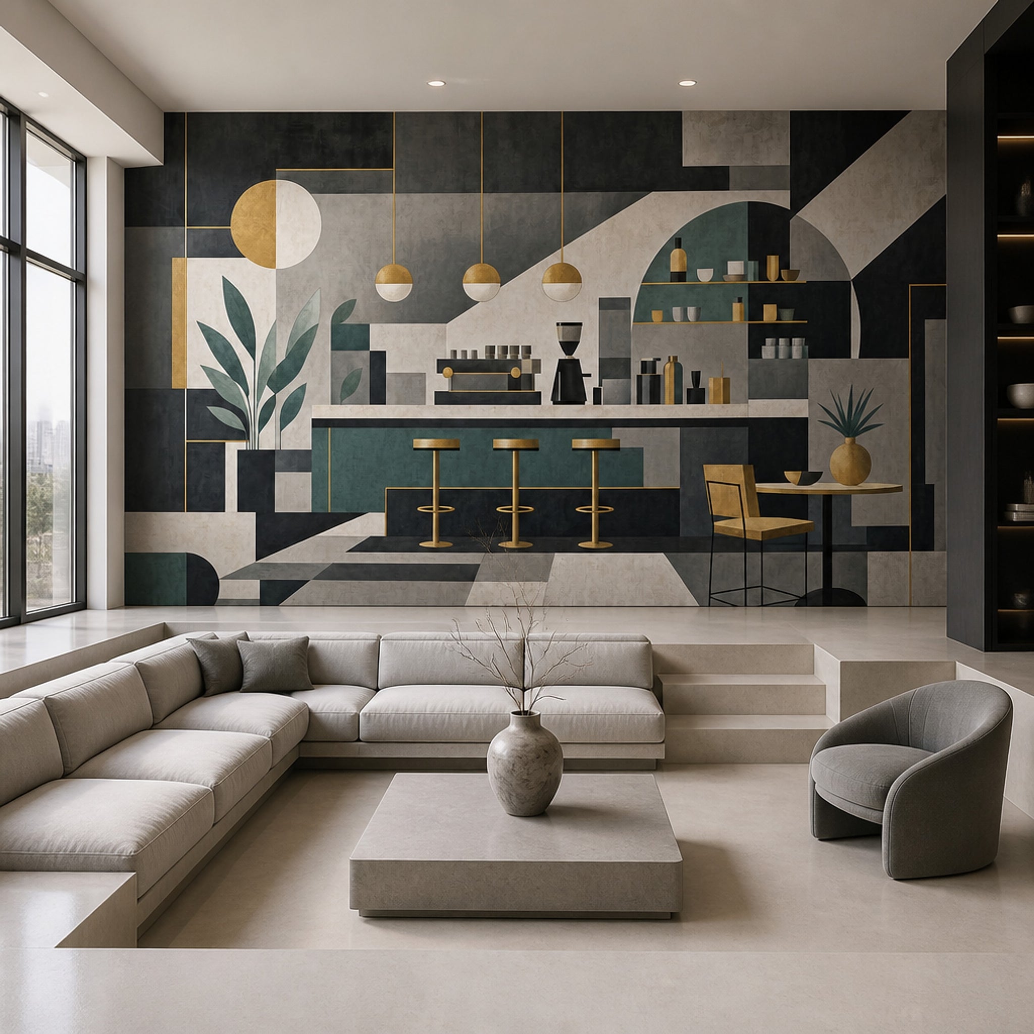 Geometrik Kafe Temalı Poster Duvar Kağıdı Yeşil Bej Salon
