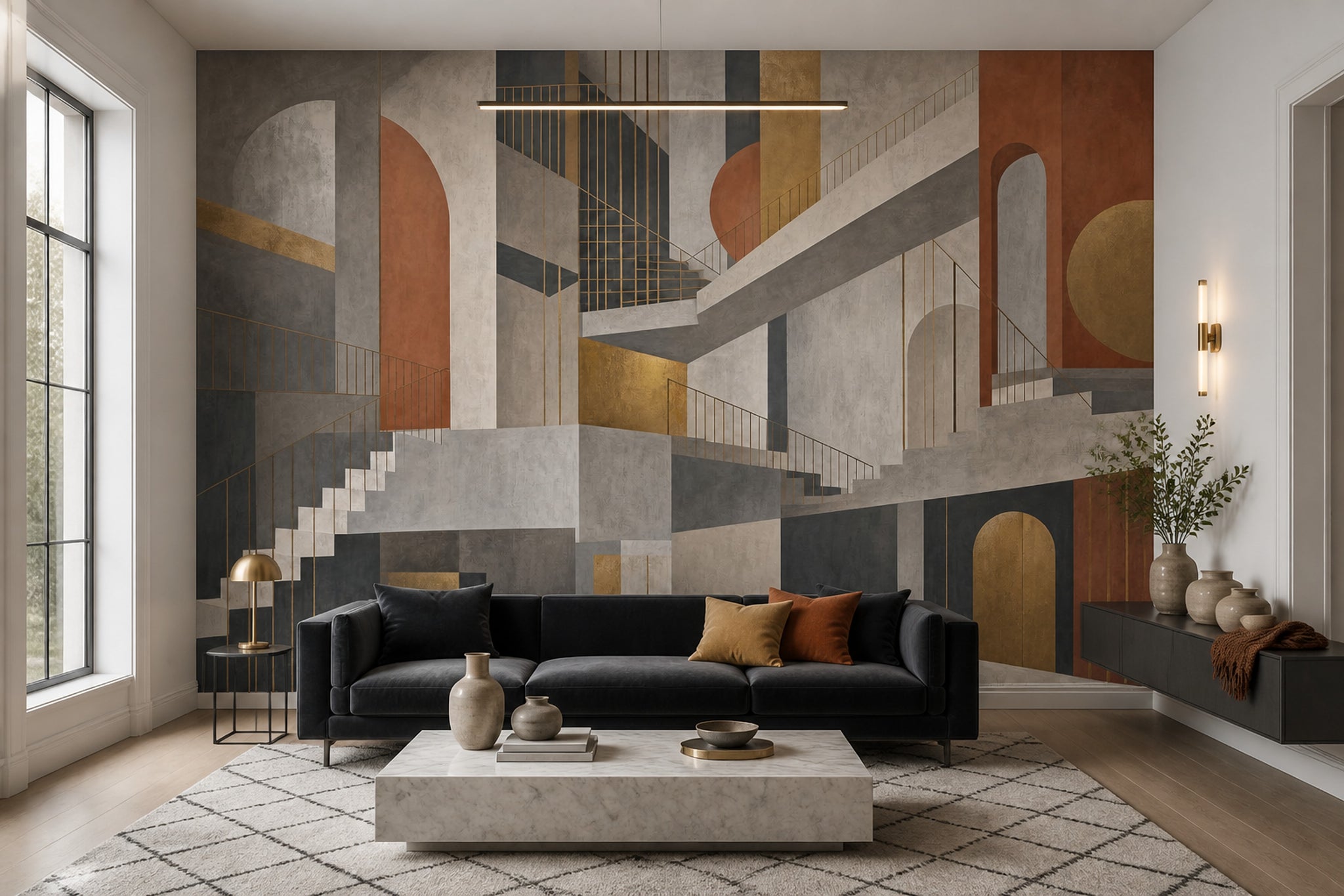 Geometrik Merdivenli Poster Duvar Kağıdı Gri Turuncu Modern Salon