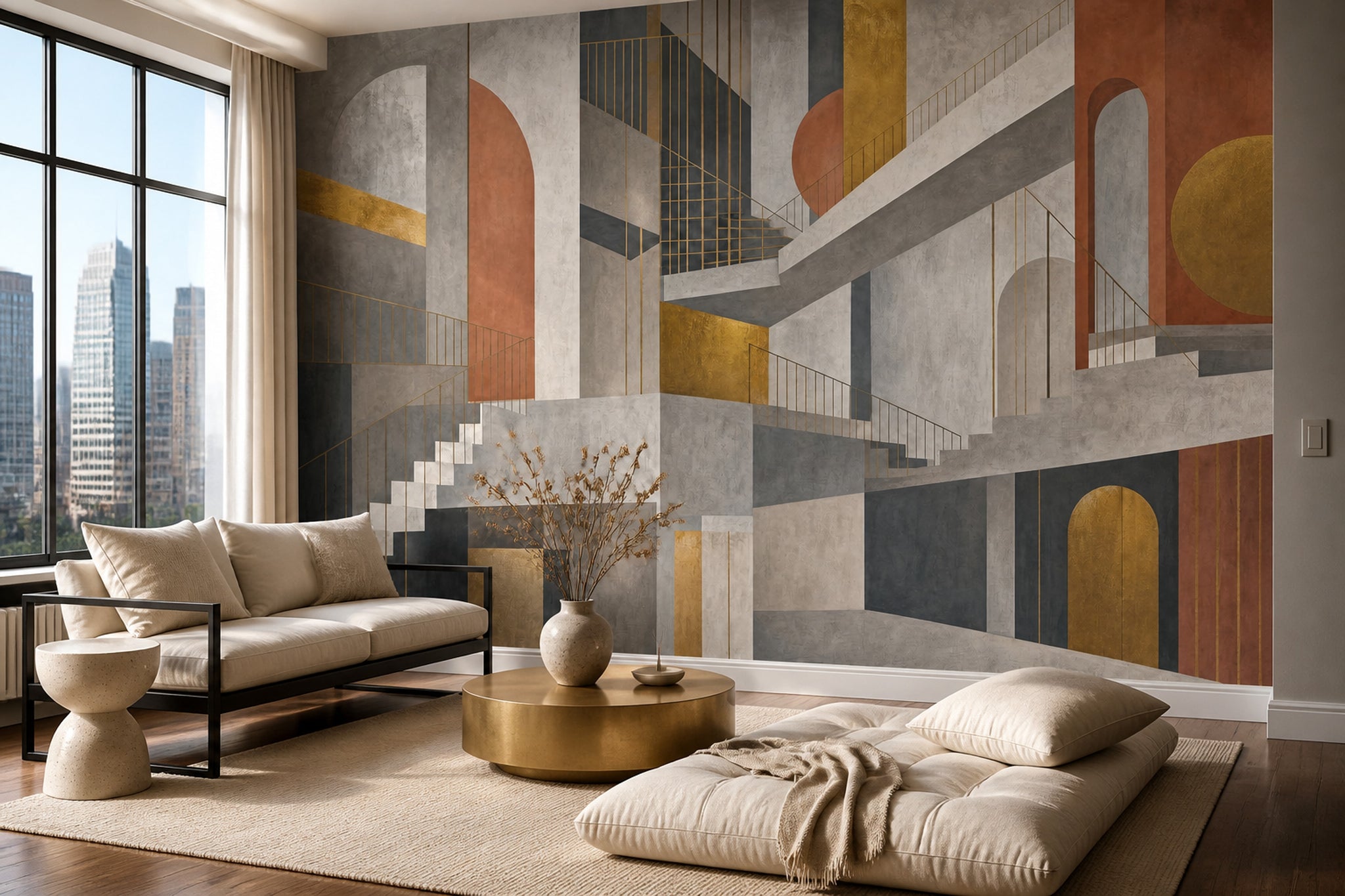 Geometrik Merdivenli Poster Duvar Kağıdı Gri Turuncu Modern Salon